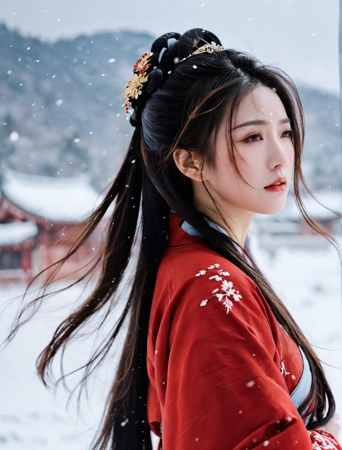 Best quality,(masterpiece:1.2),cinematic photo,1girl,A beautiful girl in red hanfu,Standing in the wind and snow,long hair blown by the wind,snow in the sky,upper body,snowing,snowy day,in winter,motion blur,(sad:1.1),(crying:1.1),close-up,(tears:1.1),(face focus:1.1),(close mouth:1.1),front view,