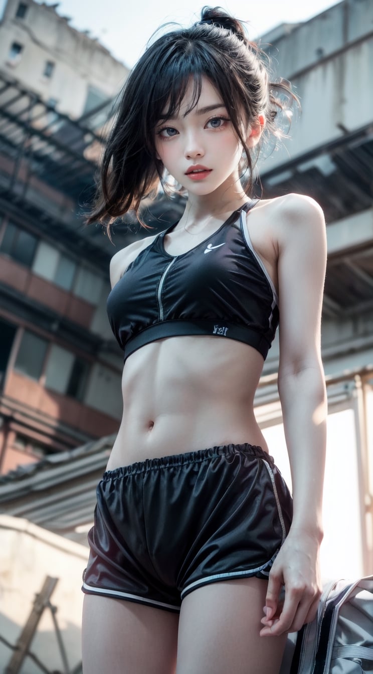 looking_at_viewer,((birdeye_lens))Detailedface,little_cute_girl,In this shot of an abandoned high-rise building, the photographer used outstanding creativity and skills to present a shocking picture. The female model is wearing a black sports bra and short shorts, standing among the ruins of the high-rise building, showing a strong contrast. Her posture is elegant and confident, as if she has found her own stage in the ruins, showing a strong inner strength.

The photographer chose a high-altitude perspective and captured the beautiful light and shadow under the sunset through the holes in the abandoned high-rise buildings. The sun shines through the cracks in the broken wall, casting mottled light spots, creating a mysterious and dreamy atmosphere. These lights and shadows intersect on the female model, outlining her slender figure and lines, making the whole picture full of drama and expressiveness.

The female model's black sports bra and short shorts contrast strongly with the abandoned building background, highlighting her beauty and strength. This contrast not only makes the image more impactful, but also conveys a message of vitality and tenacity. Special filters and color correction in post-processing enhance the artistic sense of the picture, making the entire scene look more beautiful and dreamy.

When viewers appreciate this photo, they will not only be attracted by the beauty in the picture, but also think about the relationship between life and ruins in the contrast, and feel the passage of time and the tenacity of life. Through the collision of vision and emotion, this photo triggers the viewer to think deeply and reaches the height of photographic art.