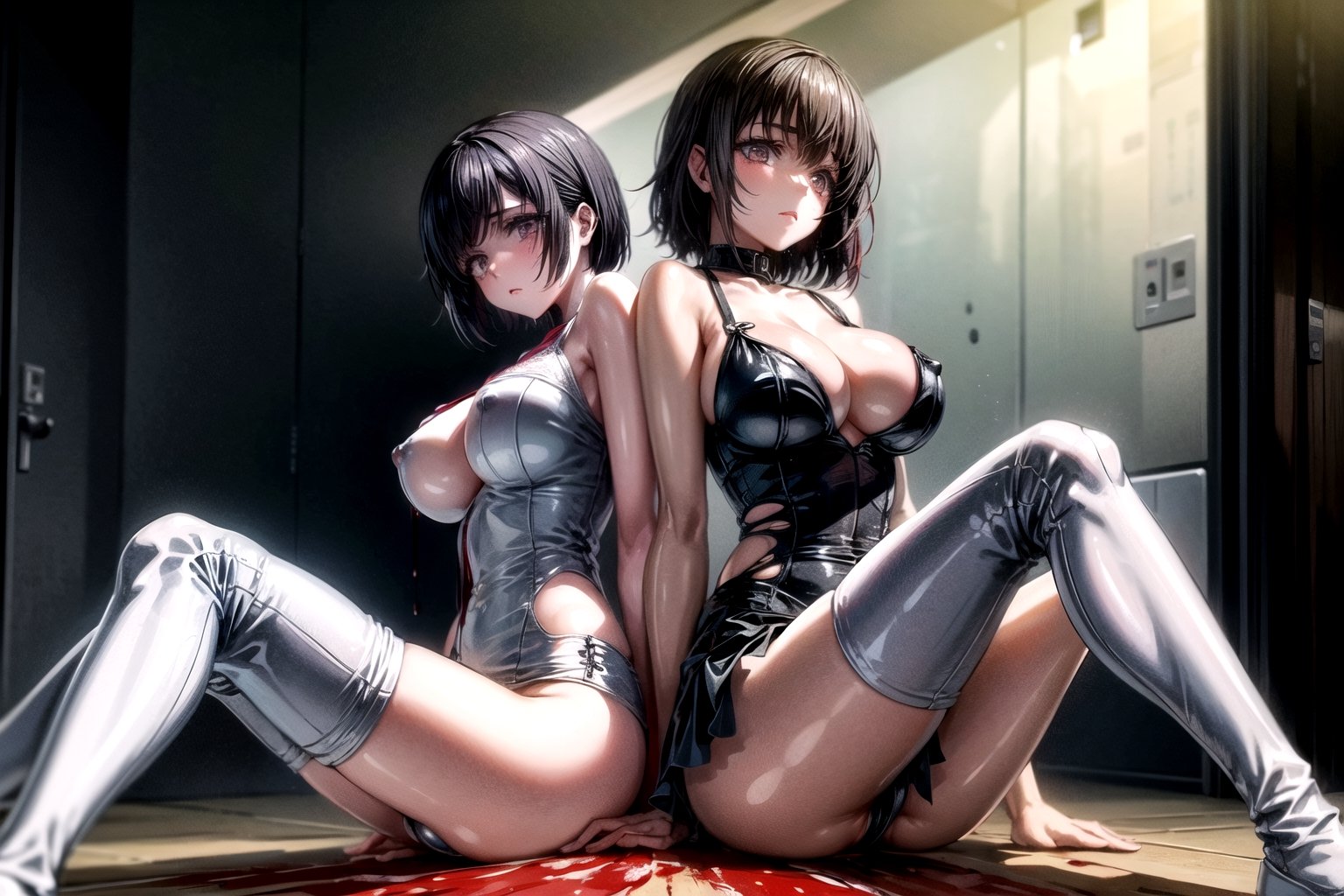 In the picture, two girl characters are sitting on the blood-stained ground, with long hair and wearing white underwear stained with blood. The clothes were torn and blood was visible on the body and clothes. The overall atmosphere of this photo seems a bit dark and tense. The artistic style of the picture is highly detailed and has a specific sense of sadness, creating a strong visual impact as a whole. more details, gore, nipples, labia,Ingrid,shirakawa kotone,blood