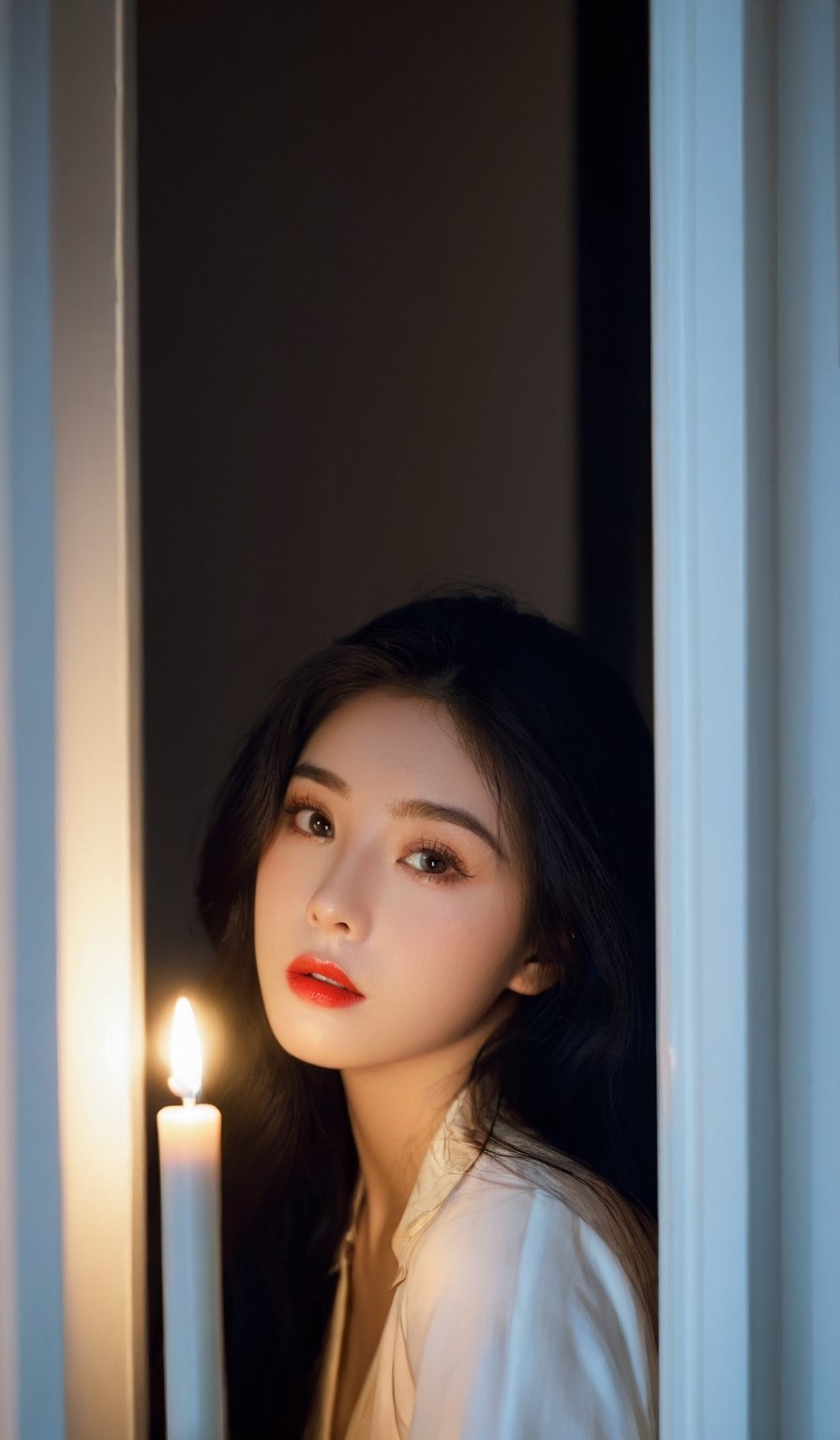 1girl, solo, long hair, looking at viewer, blue eyes, shirt, black hair, white shirt, parted lips, indoors, mole, lips, mole under eye, window, fire, nose, red lips, candle, from outside