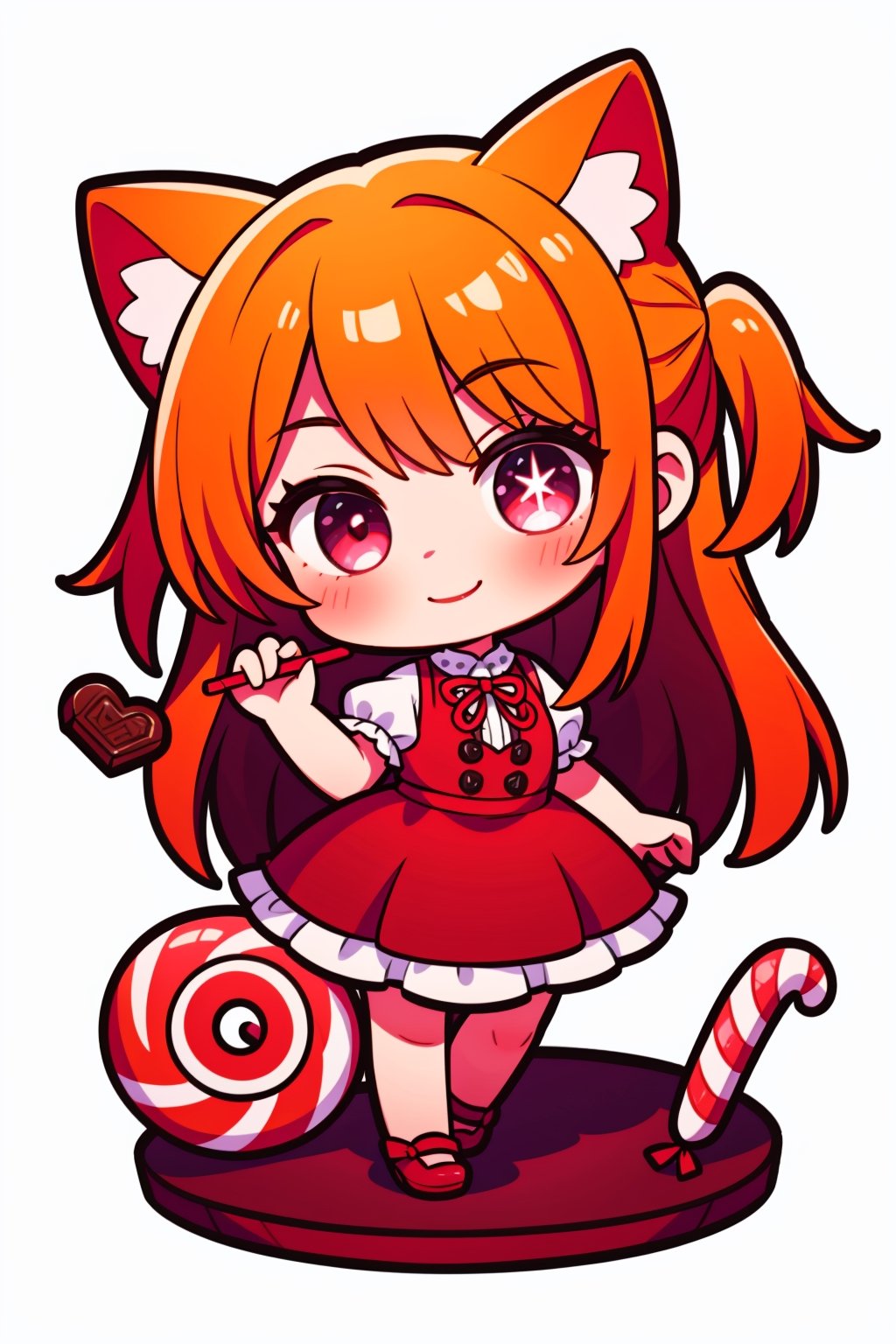 (masterpiece), candy, sweets, swirl lollipop, fullbody, chocolate, candy cane, 1girl,  cat ears, smile, ,chibi, long_hair,hoshino_ruby