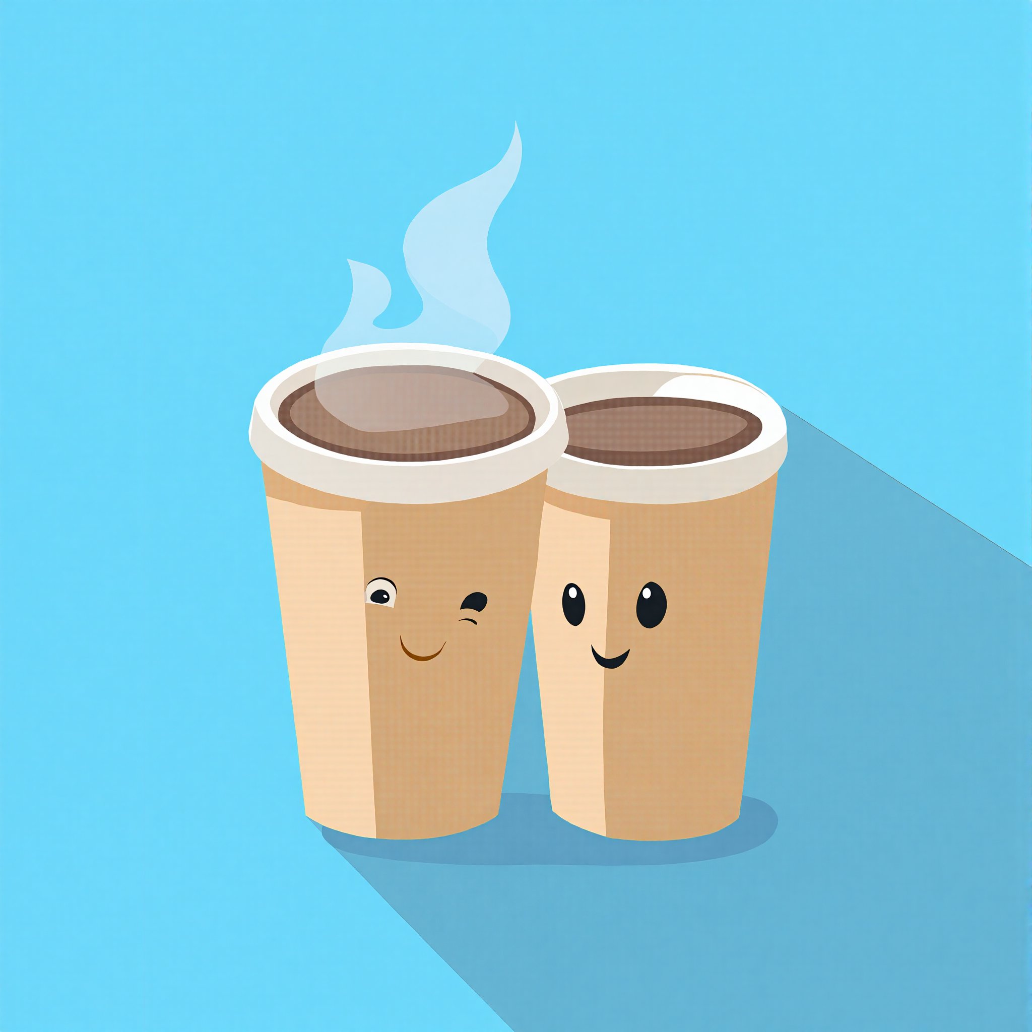 A flat 2D vector art illustration of a huge cartoon paper coffee cup with a smiley face on a blue background. The cup is depicted in a simple cartoon style, with a cute character design. The illustration captures the essence of morning coffee, with the cup next to another, suggesting a companionable drink. The focus is on the portrait of the coffee cup, emphasizing its cartoonish cuteness and the message Drink More Coffee. The hot coffee is ready to be enjoyed, set against a vibrant blue backdrop.