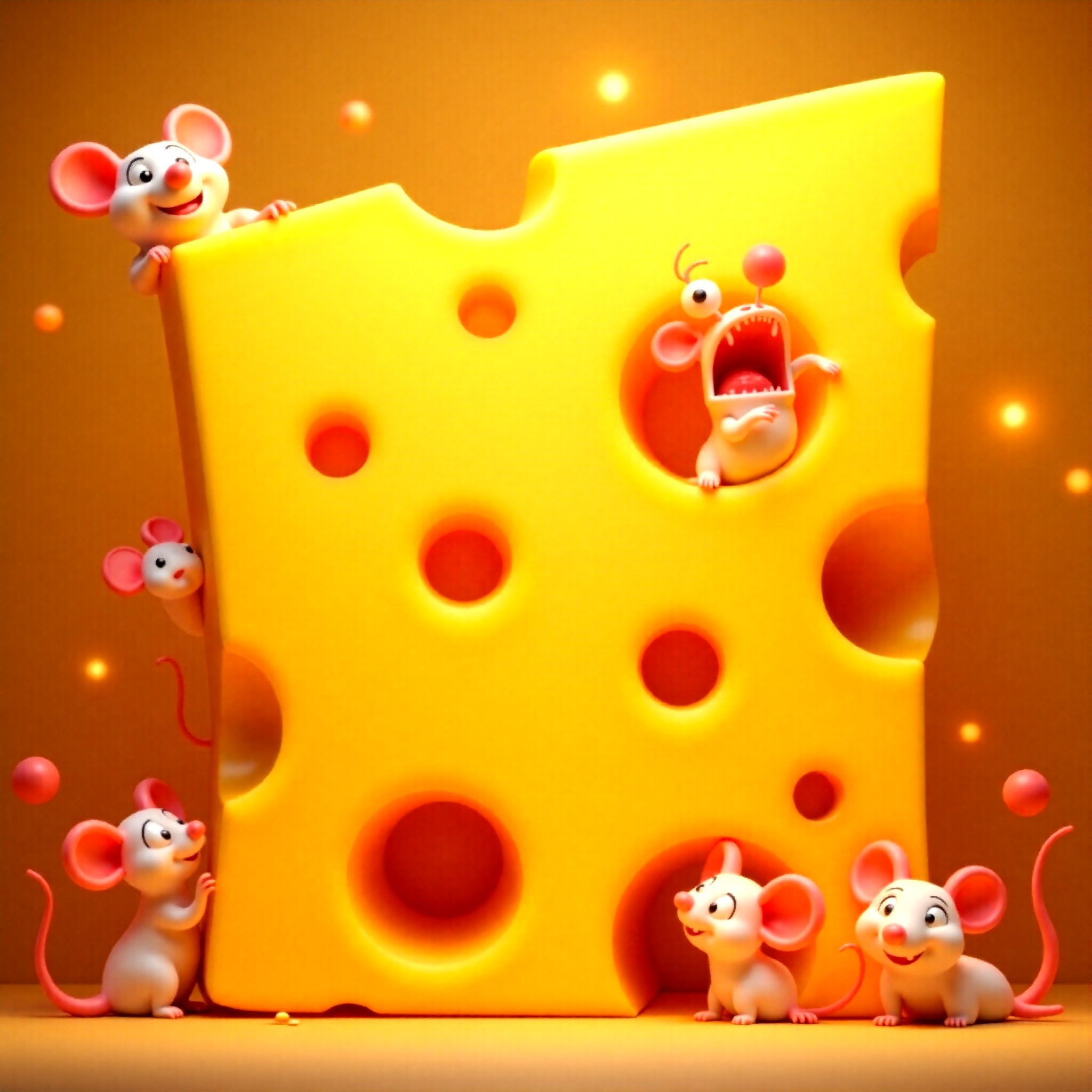 A highly detailed, realistic digital illustration of a huge piece of cheese with holes, creating a cozy atmosphere. Cute little mice with pink noses and black round eyes peek out from the holes, some surprised and others very happy. Vivid colors enhance the adorable and funny scene.