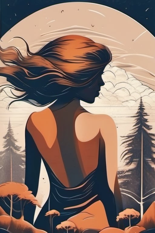 A minimalist, t-shirt design with a vintage twist, featuring a sleek and stylized unclad woman body silhouette against a faded, women body is painting about nature, awosome, bright.


