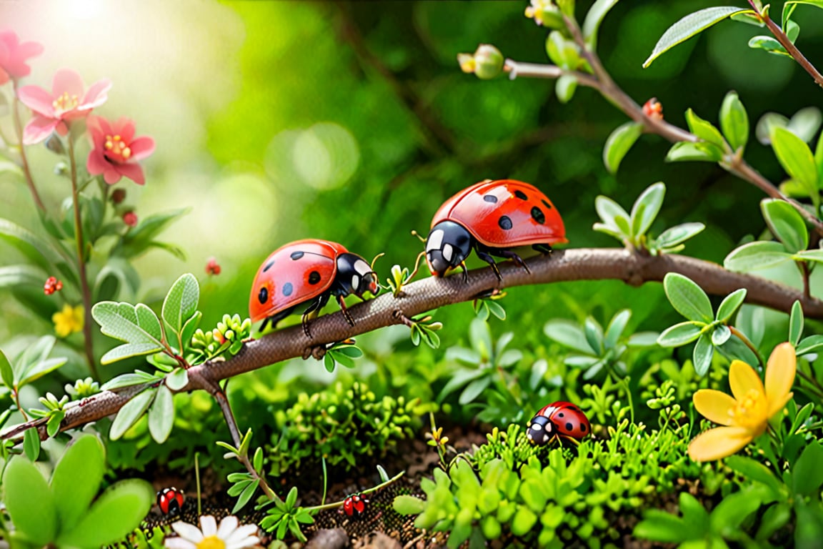 An incredibly realistic, honest image of a beautiful cute red tiny baby miniature ladybug on a green bush on the ground and another beautiful tiny baby miniature red ladybug on a tree branch trying to reach and touch each other.Image from distance, photo, cinematic, wildlife photography, wild flowers bloom, depth of field.