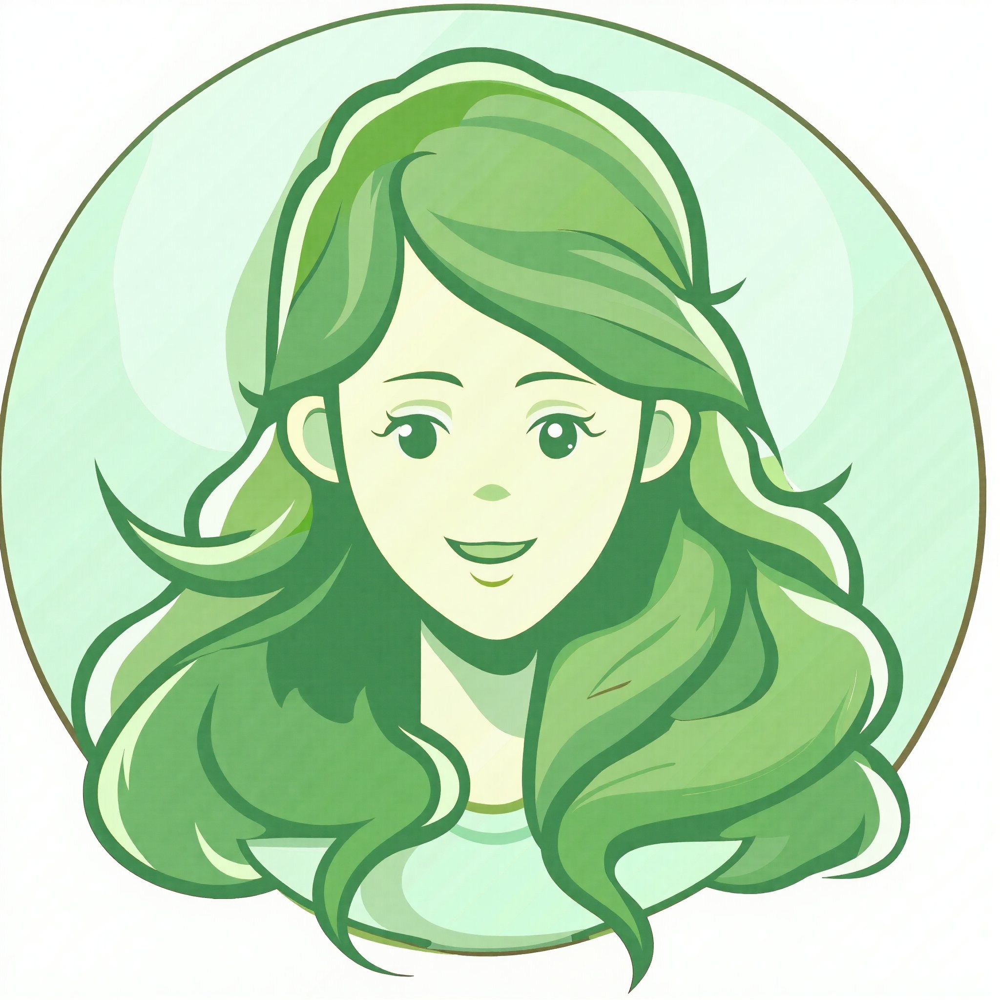 A minimalist cartoon illustration of a woman with long, flowing green hair, smiling with a cute, natural anime face. Her hair features dark green leaf patterns and wavy curls, creating a tatsumaki effect. The face is light green with a stylized, simple design, set against a clean, cel-shaded vector background. The illustration is flat 2D vector art, with a focus on clean lines and a minimalist aesthetic.