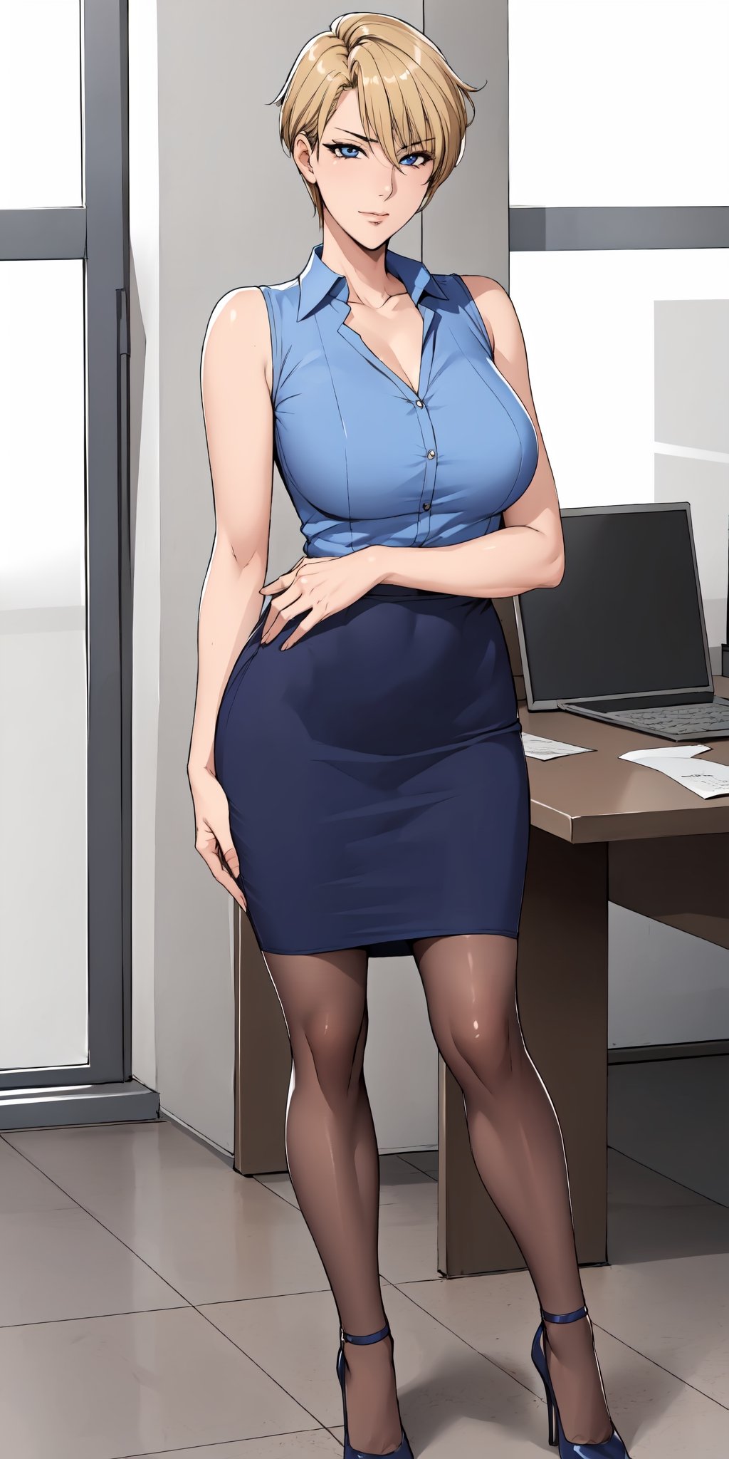 1girl,full-body_portrait,
mature female,oda non,haruka,
 solo,medium_breasts,wide_hip,white sleeveless_shirt,bare_shoulder, (cleavage:0.7), collarbone, pantyhose, collared_shirt,heels, navyblue_skirt, bra, black pantyhose, miniskirt,

short hair, bangs, blue eyes, blonde hair,

standing ((legs_apart)), office lady, closed mouth, confidence,aloof, looking at viewer,
indoor,office,night