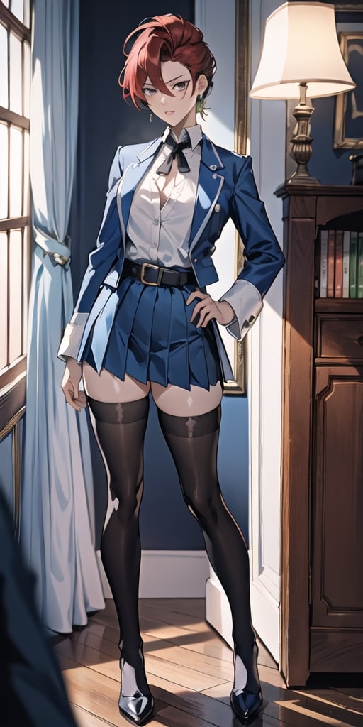 1girl, solo, Emiko Amamiya, mature female,  long legs,  middle_Breasts,  beautiful_face, black_eyes,(punk_hairstyle:1.3), short hair, Bangs, earrings,(blue_blazer:1.4),open blue_blazer,croped-jacket,(green_pleated_skirt:1.4), (white_blouse:1.2),(black_stocking:1.5),belt,(red_hair:1.2),military_boots,
Poker face, 
standing, full-body_portrait,indoors, corridor,(Night:1.5),looking at viewer,by the window,

official art,extremely detailed CG unity 8k wallpaper, perfect lighting,Colorful, Bright_Front_face_Lighting,White skin,
(masterpiece:1.0),(best_quality:1.0), ultra high res,4K,ultra-detailed,
photography, 8K, HDR, highres, absurdres:1.2, Kodak portra 400, film grain,lens flare,
better_hands