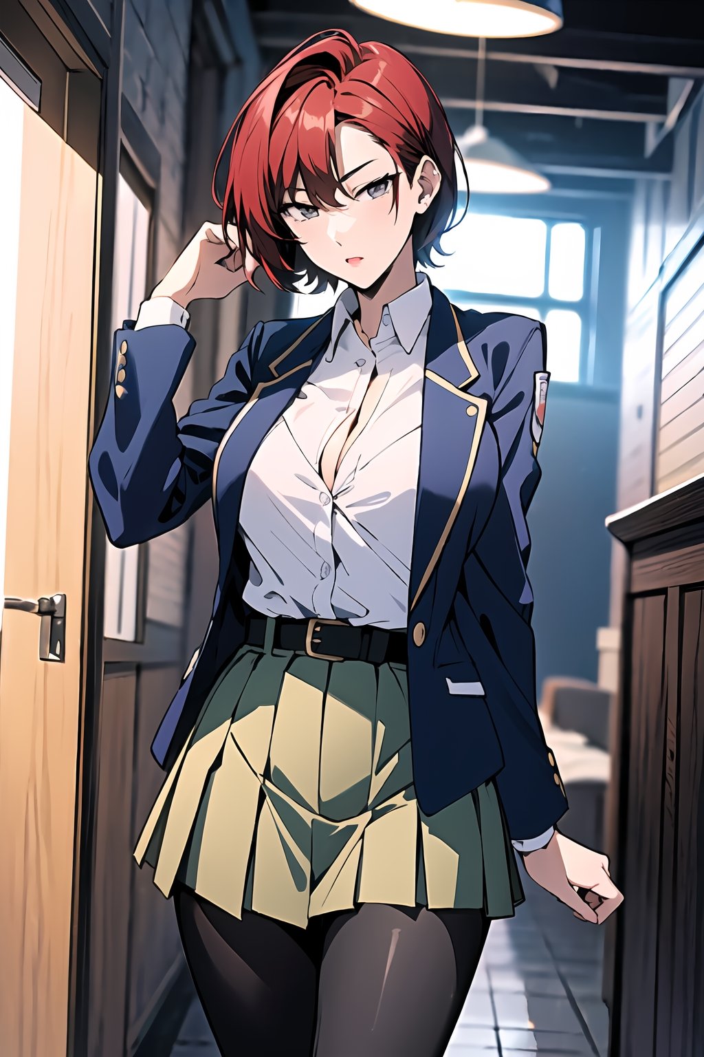 1girl, solo, (blue_blazer:1.5), (blue_blazer unbuttoned),(green_pleated_skirt:1.5), (black_pantyhose:1.5),(white_shirt:1.2), (belt:1.2),(red_hair:1.2), black_eyes,short hair,Bangs, (handsome short hair), (punk_hairstyle:1.3),
Emiko Amamiya, mature female, long legs, middle_Breasts, beautiful_face,dark corridor,indoors,
Night,standing,cowboy_shot,looking at viewer,

official art, extremely detailed CG unity 8k wallpaper,  perfect lighting, Colorful, Bright_Front_face_Lighting, White skin, 
(masterpiece:1.0), (best_quality:1.0),  ultra high res, 4K, ultra-detailed, photography, 8K, HDR, highres, absurdres:1.2, Kodak portra 400, film grain, lens flare, 
better_hands,