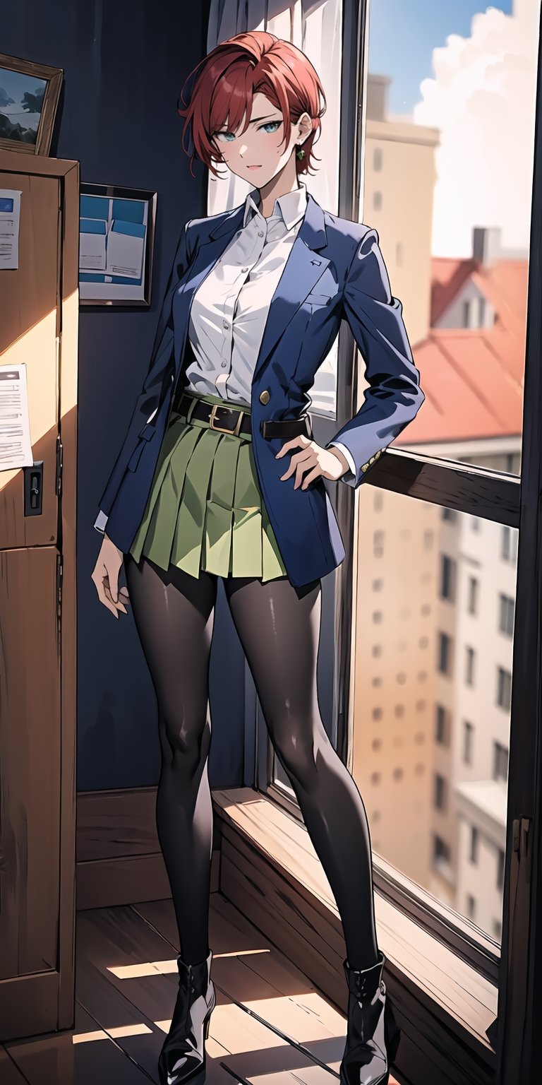 1girl,  solo,  black_eyes, (punk_hairstyle:1.3), (blue_blazer:1.4), open blue_blazer,(green_pleated_skirt:1.5),  (black_pantyhose:1.2), croped-jacket,  (white_blouse:1.2), (belt:1.4),boots,(red_hair:1.4) , 
short hair,Bangs,earrings,Emiko Amamiya, mature female,  long legs,  middle_Breasts,  beautiful_face,
Poker face,  standing,  full-body_portrait, indoors,  corridor, (Night:1.5), looking at viewer, by the window, 

official art, extremely detailed CG unity 8k wallpaper,  perfect lighting, Colorful,  Bright_Front_face_Lighting, White skin, 
(masterpiece:1.0), (best_quality:1.0),  ultra high res, 4K, ultra-detailed, 
photography,  8K,  HDR,  highres,  absurdres:1.2,  Kodak portra 400,  film grain, lens flare, 
better_hands,
