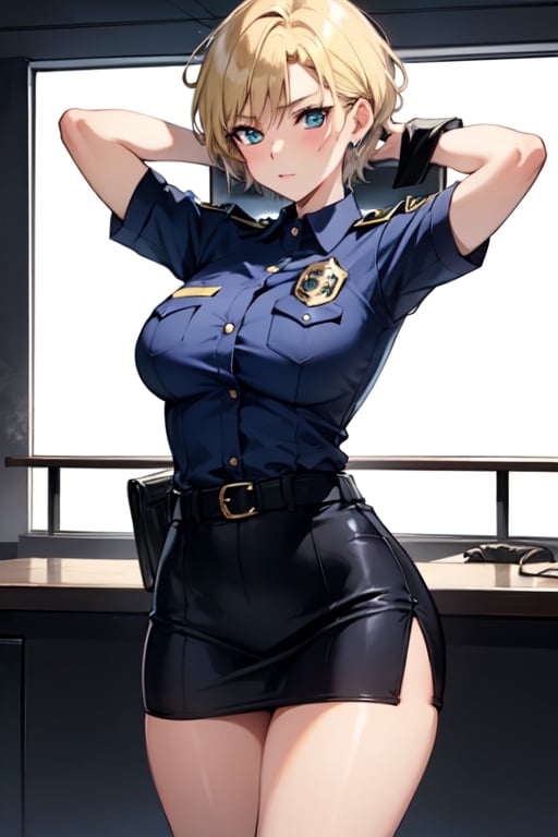 high_res,mastepeice,police_uniform,slit_skirt,stocking, seductive, 1woman,haruka,short hair,blonde hair,blue eye,
mature_female,large_breasts,
cowboy_shot,
Standing,
in police office,night 