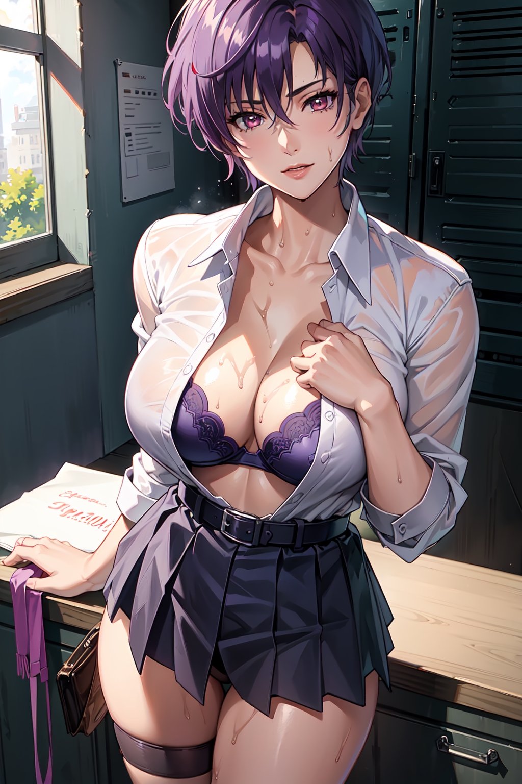 masterpiece, best quality:1.3), highres, female_solo, mature_female, haruka, aakusanagi, NonoharaMikako, short hair, purple hair, red_eyes, large breasts, smile, makeup, eye shadow,
(white_soked_shirt:1.1),
sweating, wet_shirt, blue lace bra Under the soaked shirt , Shirt buttons unbuttoned to reveal breasts and blue bra, dark blue pleated_skirt , leather_belt, black stockings, standing, hand open shirt,
cowboy_shoot, from side,
daytime,
in class room, by the lockers, , , , , 
half-body shot
