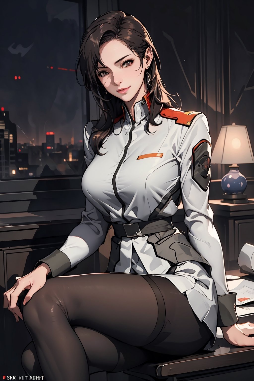 Waist-up front-view,curvy_figure,middle_breasts, thin waist,sitting,
 1girl, solo,ramius1,oda non, (black_pantyhose:1.1), military uniform, tight skirt, white skirt,
cinematic lighting, ambient lighting, sidelighting, a radiant smile,
evangelion anime style,midjourney,

(RAW photo, best quality), (realistic, photo-Realistic:1.3), best quality, masterpiece, beautiful and aesthetic, 16K, (HDR:1.4), high contrast, (vibrant color:1.4), (muted colors, dim colors, soothing tones:0), cinematic lighting, ambient lighting, sidelighting, Exquisite details and textures, cinematic shot, Warm tone, (Bright and intense:1.2), 1girl