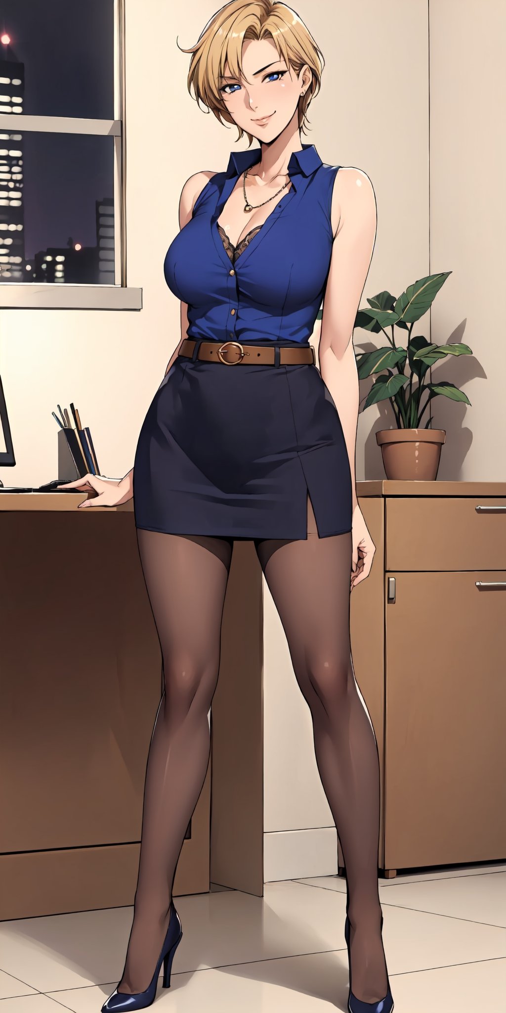 1girl,full-body_portrait,
mature female,oda non,haruka,
 solo,medium_breasts,wide_hip,white sleeveless_shirt,bare_shoulder, (cleavage:0.7), collarbone, pantyhose, collared_shirt,heels, navyblue_skirt, bra, black pantyhose, miniskirt,belt,necklaces,

short hair, bangs, blue eyes, blonde hair,
arms at sides,
standing ((legs_apart)), office lady, closed mouth, confidence,aloof,smile, looking at viewer,
indoor,office,night,low*angle