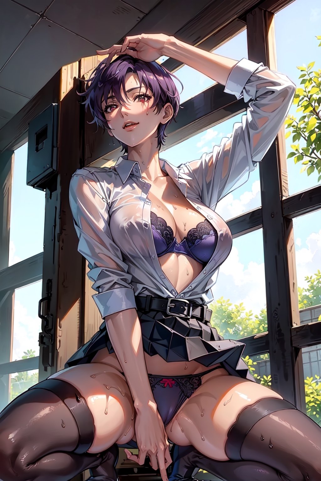 (masterpiece, best quality:1.3), highres, female_solo, mature_female, haruka, aakusanagi, NonoharaMikako, short hair, purple hair, red_eyes, large breasts, smile, makeup, eye shadow,
(white_soked_shirt:1.1),
sweating, wet_shirt, blue lace bra Under the soaked shirt , Shirt buttons unbuttoned to reveal breasts and blue bra, pleated_skirt , leather_belt, black thigh Highs, kneel,
in class room, daytime,
leg_spread, darkblue panties,
Bold and sexy pose,
close up to pussy, low angle shoot, low angle perspective, , , , , 
, skirt_lift