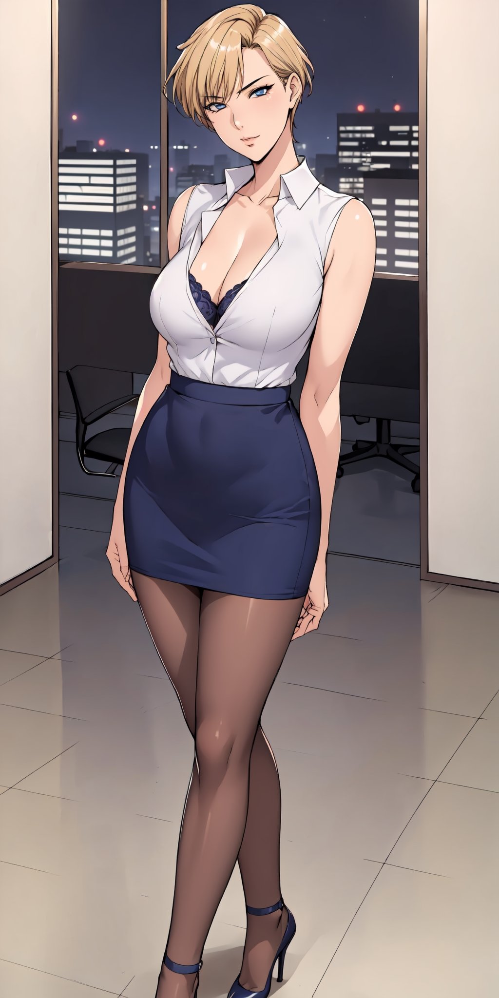 1girl,full-body_portrait,
mature female,oda non,haruka,
 solo,medium_breasts,wide_hip,white sleeveless_shirt,bare_shoulder, (cleavage:0.7), collarbone, pantyhose, collared_shirt,heels, navyblue_skirt, bra, black pantyhose, miniskirt,

short hair, bangs, blue eyes, blonde hair,
arms at sides,
standing ((legs_apart)), office lady, closed mouth, confidence,aloof, looking at viewer,
indoor,office,night