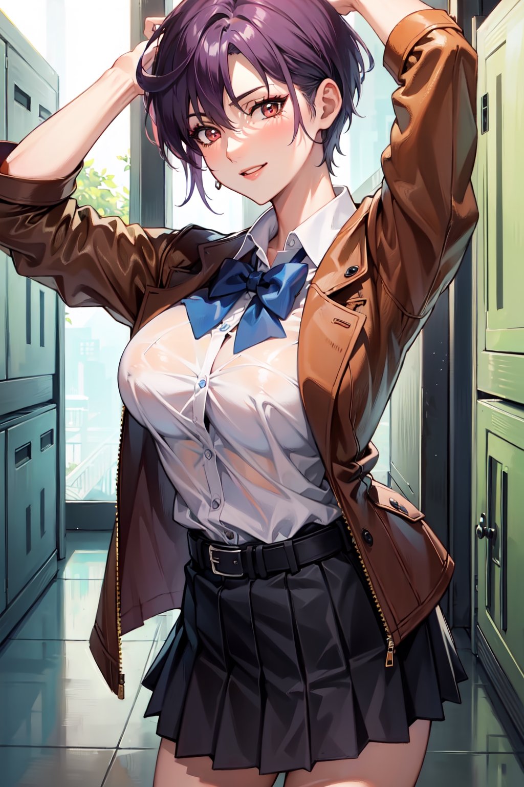 (masterpiece, best quality:1.3),highres,female_solo,mature_female,haruka,aakusanagi, NonoharaMikako,short hair, purple hair,red eye,large breasts,smile,makeup, eye shadow,
brown jacket,hands opening brown jacket,school uniforms,
white_shirt,green bow tie,dark blue pleated miniskirt,leather_belt,black thightghts,standing,(sweat:0.8)
seductive stance,
in school corridor,by the lockers,
cowboy_shot