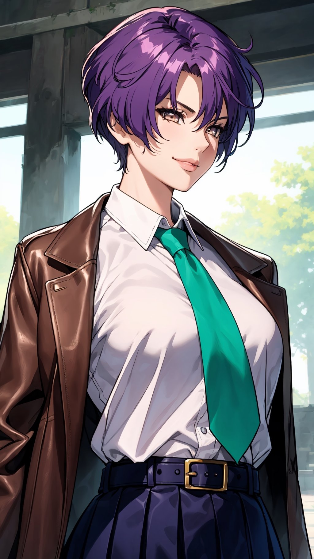 (masterpiece, best quality), intricate details, thin, ((slim)), beautiful girl,purple hair,short hair,(fashion short hair), white skin, maroon eyes,light brown cropped jacket,full lips,(mature figure:0.8), upper body closeup, smirk,haruka,aakusanagi,
white shirt,green tie,blue pleated skirt,leather belt