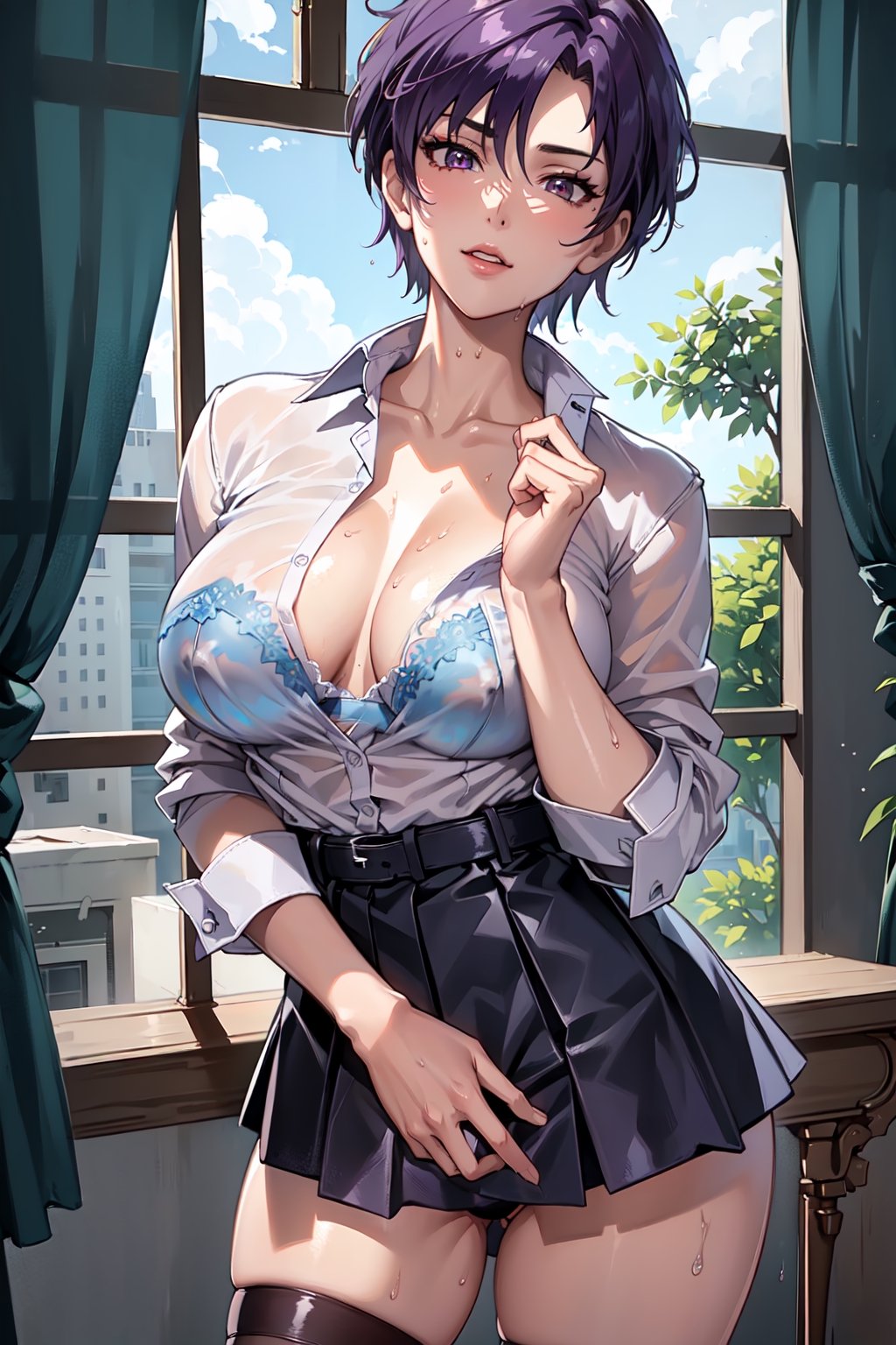 wet white shirt, (darkblue lace bra:0.95) Under the soaked shirt,
Under the translucent white shirt is a dark blue bra