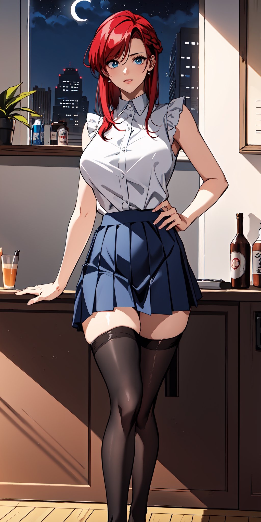 1girl,mature female,Emiko Amamiya,oda non, aiue oka, (punk_hairstyle:1.3),middle long hair,handsome_hairstyle,(red_hair:1.2),(white_sleeveless_shirt:1.2), half-unbuttoned shirt,(pleated_miniskirt:1.5),(black_stocking:1.5),(cleavage:0.5),white_panites,

(slim),(thin),long legs,perfect face,middle_Breasts, beautiful_face,cyan_eyes, Bangs, earrings,  
standing hand on waist,(indoors:1.5), nightclub, (Night:1.5), looking at viewer, Cyberpunk_CityView,
cowboy_shot,

official art, extremely detailed CG unity 8k wallpaper,  perfect lighting, Colorful, Bright_Front_face_Lighting,(masterpiece:1.0), (best_quality:1.3),ultra_highres, 4K, ultra-detailed,photography,  8K, HDR, highres, absurdres:1.2, Kodak portra 400,(vibrant_color:1.2) ,Handsome Tomboy,1990s (style),Anime,(Hands:1.1), ,better_hands