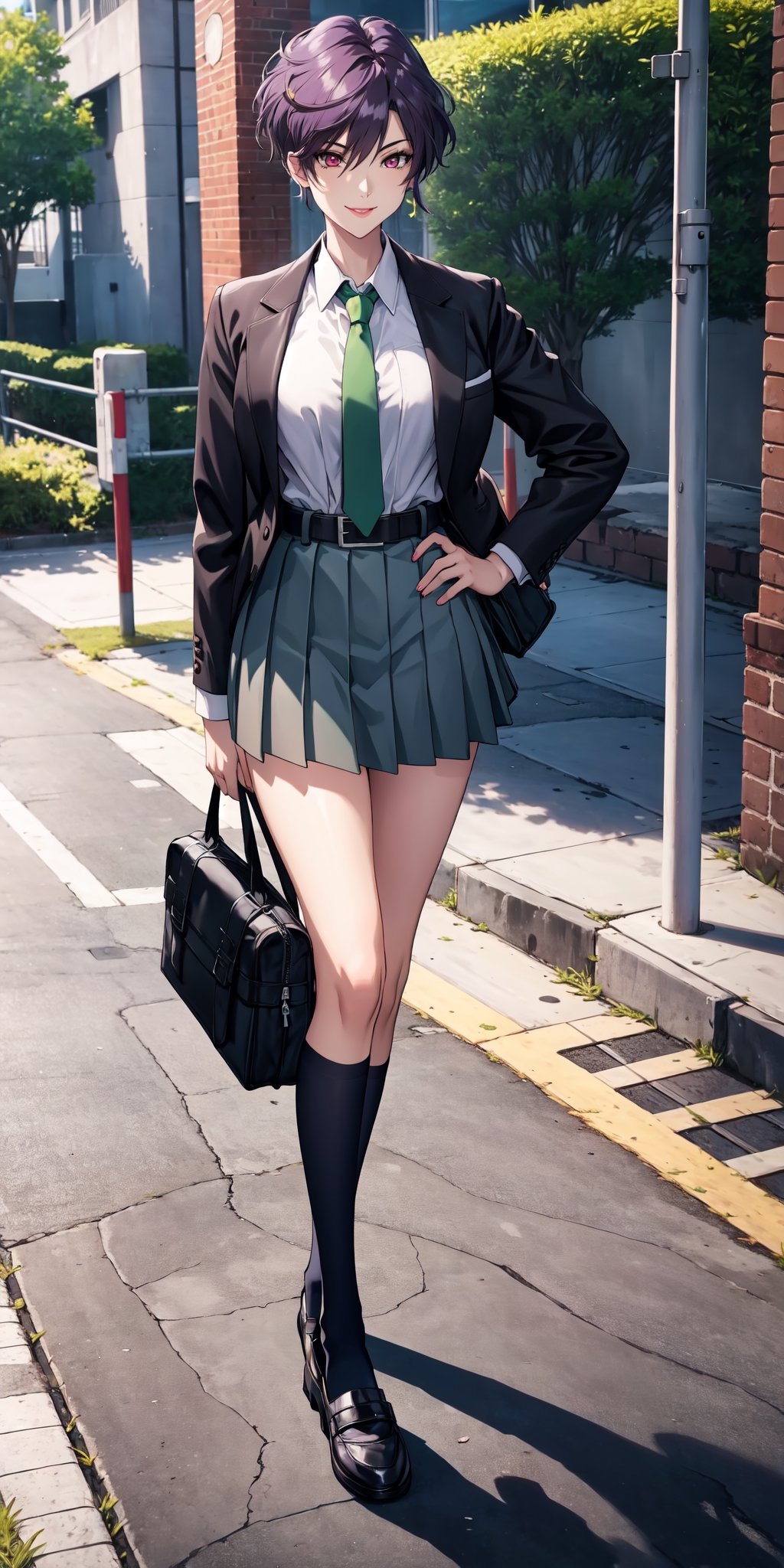 (masterpiece,  best quality:1.3),  highres,  1girl, female_solo,  mature_female,  haruka,  aakusanagi,  short hair,  purple hair,  red eye,  smile,  makeup,  eye shadow, (mature female:0.9), wearing chic jacket, chic jacket, 
Exquisitely designed school uniforms, (light brown school Blazer),  (white_shirt:1.2), (green tie:1.2), navyblue pleated miniskirt,  leather_belt,  (black patyhose:1.4), school shoes, 
a schoolbag on shoulder, 
in school,  outdoors,  standing, right hand on chest and left hand on waist,  full body shot, , , 