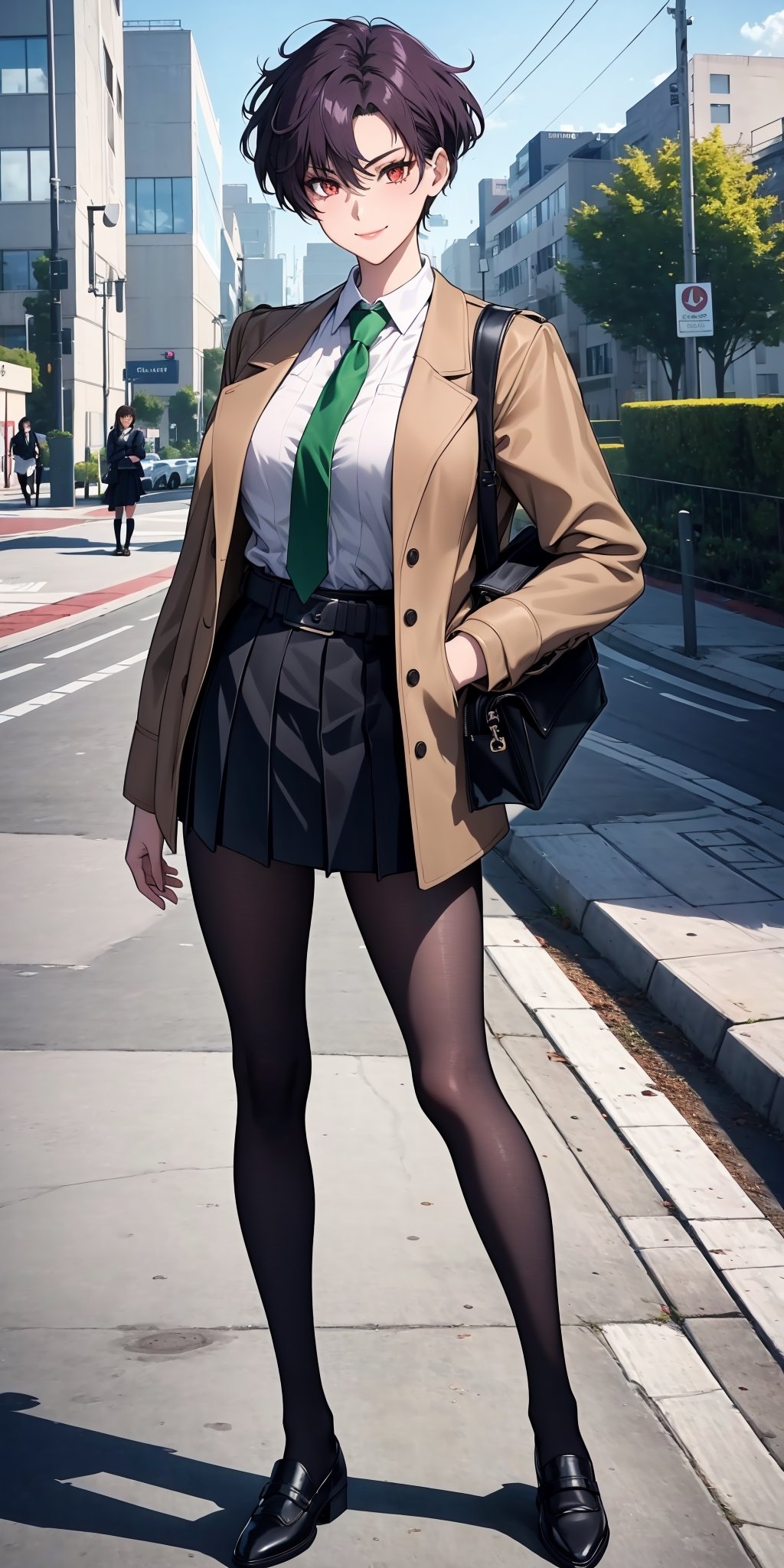 (masterpiece,  best quality:1.3),  highres,  1girl,  female_solo,  mature_female,  haruka,  aakusanagi,  short hair,  purple hair,  red eye,  smile,  makeup,  eye shadow,  (mature female:0.8),  wearing chic jacket,  chic jacket,  Exquisitely designed school uniforms,  (light brown short jacket:1.2),  (white_shirt:1.2),  (green tie:1.2),  navyblue pleated miniskirt,  leather_belt,  (black patyhose:1.4),  school shoes,  a schoolbag on shoulder,  in school,  outdoors,  standing,  full body shot,  ,  ,  
, ,