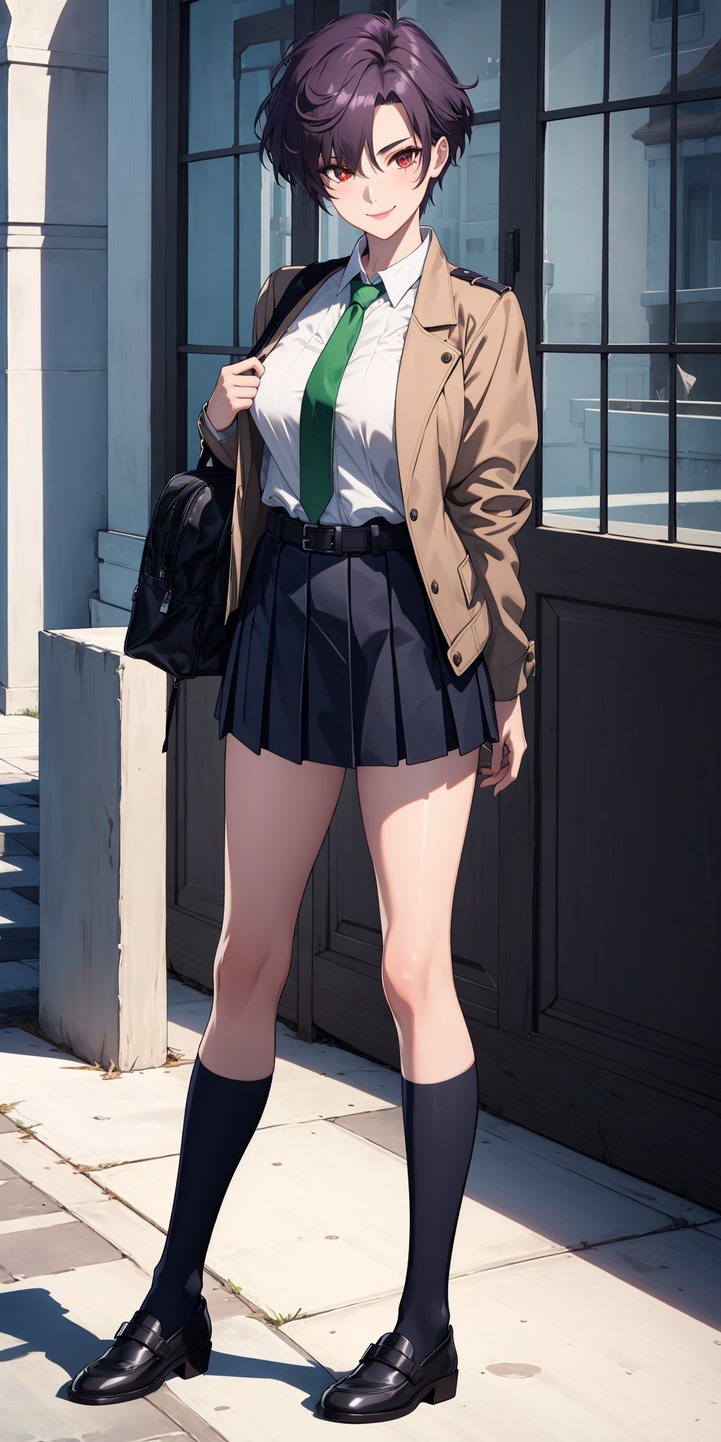 (masterpiece,  best quality:1.3),  highres,  1girl,  female_solo,  mature_female,  haruka,  aakusanagi,  short hair,  purple hair,  red eye,  smile,  makeup,  eye shadow,  (mature female:0.8),  wearing chic jacket,  chic jacket,  Exquisitely designed school uniforms,  (light brown short jacket:1.2),  (white_shirt:1.2),  (green tie:1.2),  navyblue pleated miniskirt,  leather_belt,  (black patyhose:1.4),  school shoes,  a schoolbag on shoulder,  in school,  outdoors,  standing,  full body shot,  ,  ,  
, ,