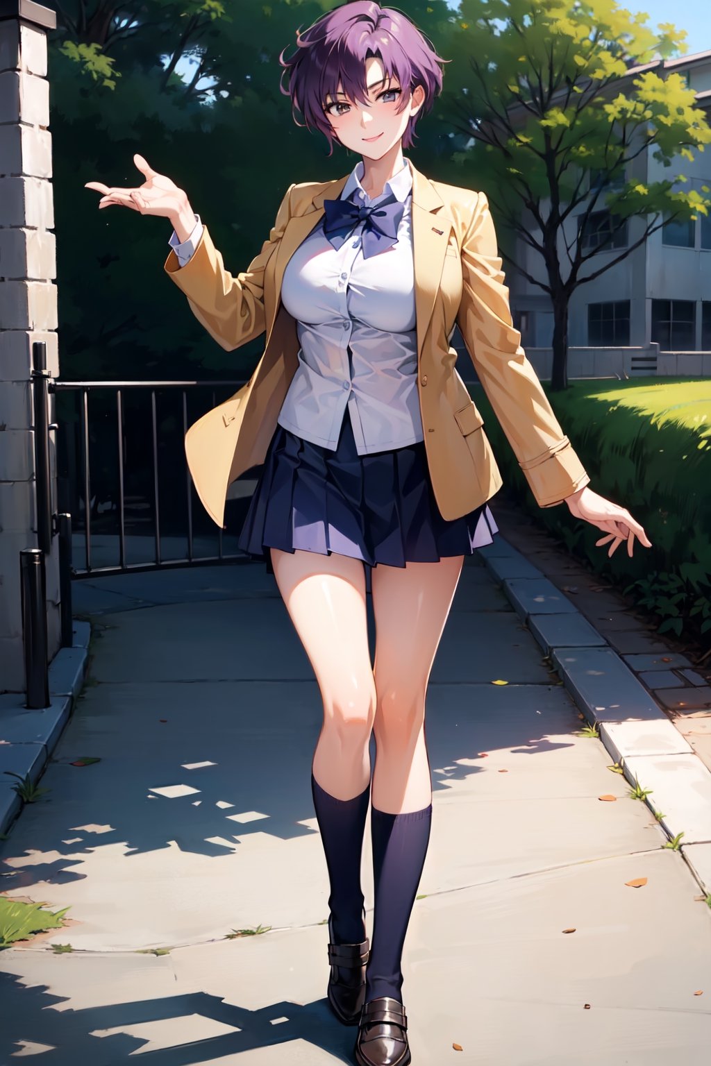 female_solo,mature_female,haruka,aakusanagi, short hair, purple hair,large breasts,smile,
Exquisitely designed school uniforms,white_blouse,miniskirt,(brown_school_jacket),black stockings,standing,
At the school gate