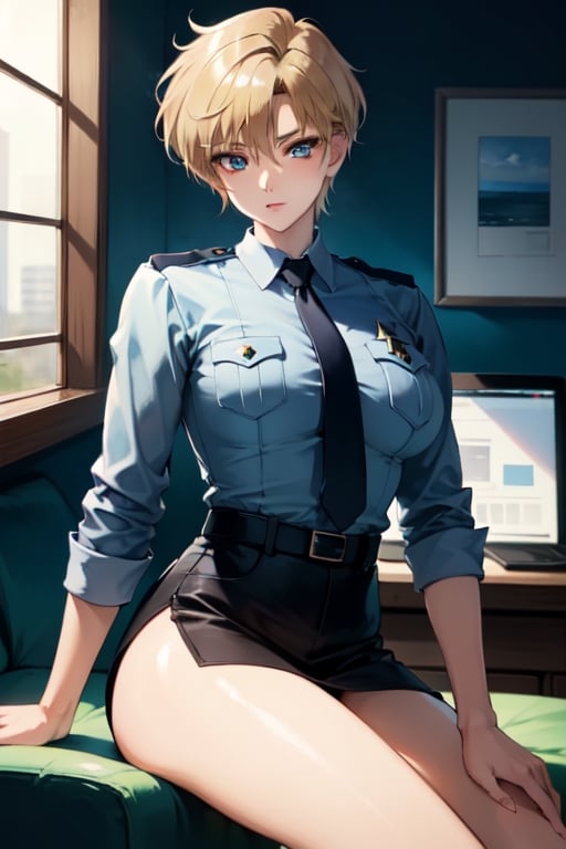 high_res,mastepeice,police_uniform,blue shirt,tie,slit_skirt,stocking, seductive, 1woman,haruka,aakusanagi,short hair,blonde hair,blue eye,
mature_female,large_breasts,
cowboy_shot,
in police office,indoors,
sitting,leg_spread