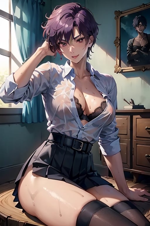 (masterpiece, best quality:1.3), highres, 1woman, mature_female, haruka, aakusanagi, NonoharaMikako, short hair, purple hair, red_eyes, large breasts, smile, makeup, eye shadow,blowjob,1boy,sitting,on chair,

(white_soked_shirt:1.1),
sweating, wet_shirt, blue lace bra Under the soaked shirt , Shirt buttons unbuttoned to reveal breasts and blue bra, pleated_skirt , leather_belt, black Thigh High Stockings, sitting,
in class room, daytime,
from side