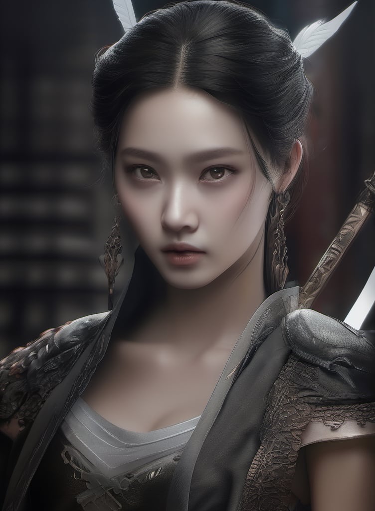 Chinese ancient style, black and gray tones, hazy feeling, sword fairy, movie shot, photo realism, shot from a low angle, a young heroine, very handsome, big eyes, focused on eyes, close-up, high cold, crazy details, movie lighting, ultra high definition, cg rendering, volume lighting, unreal engine