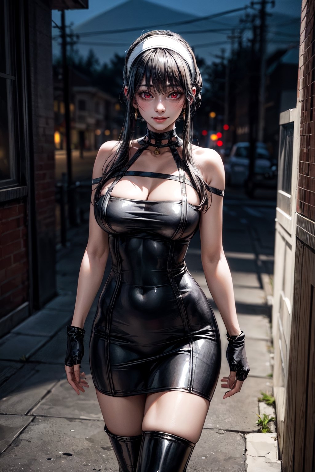 (best quality:1.4),  (detailed:1.3),  (RAW photo:1.2),  (realistic:1.3),  highres,  intricate, 8K wallpaper, cinematic lighting, woman, large breasts,((round breasts:1.3)), accentuated breasts, narrow hips, white hairband, red eyes, gold earrings, jewelry, choker, bare shoulders, black dress, two-sided dress, fingerless gloves, thigh boots, nighttime, smiling,bbyorf, short hair with long locks,white hairband