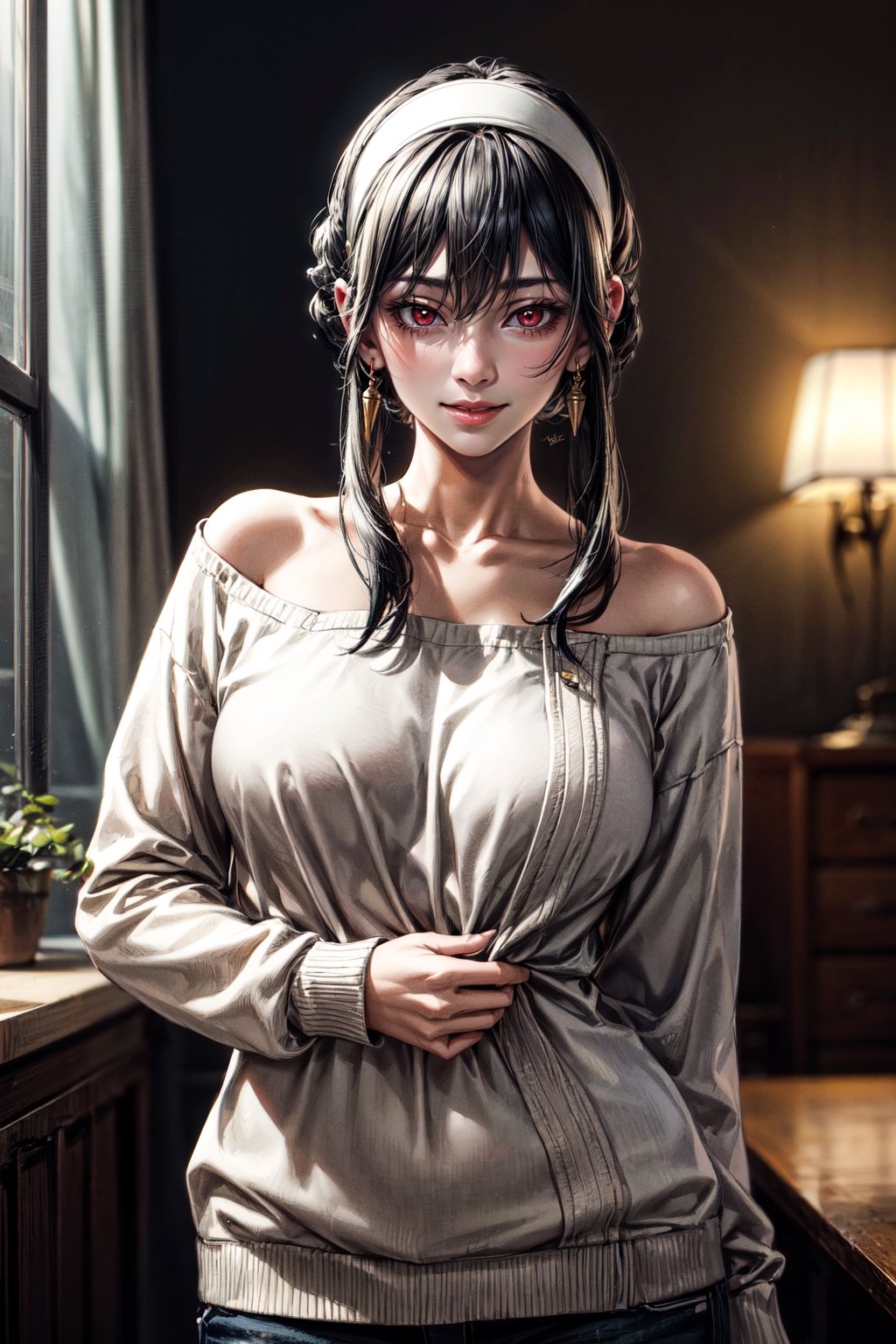 (best quality:1.4),  (detailed:1.3),  (RAW photo:1.2),  (realistic:1.3),  highres,  intricate, 8K wallpaper, cinematic lighting, woman, large breasts,((round breasts:1.3)), accentuated breasts, narrow hips, white hairband, red eyes, gold earrings, jewelry, off shoulder, red sweater, sweater dress, long sleeves, black pantyhose,in the house, smiling,bbyorf, short hair with long locks