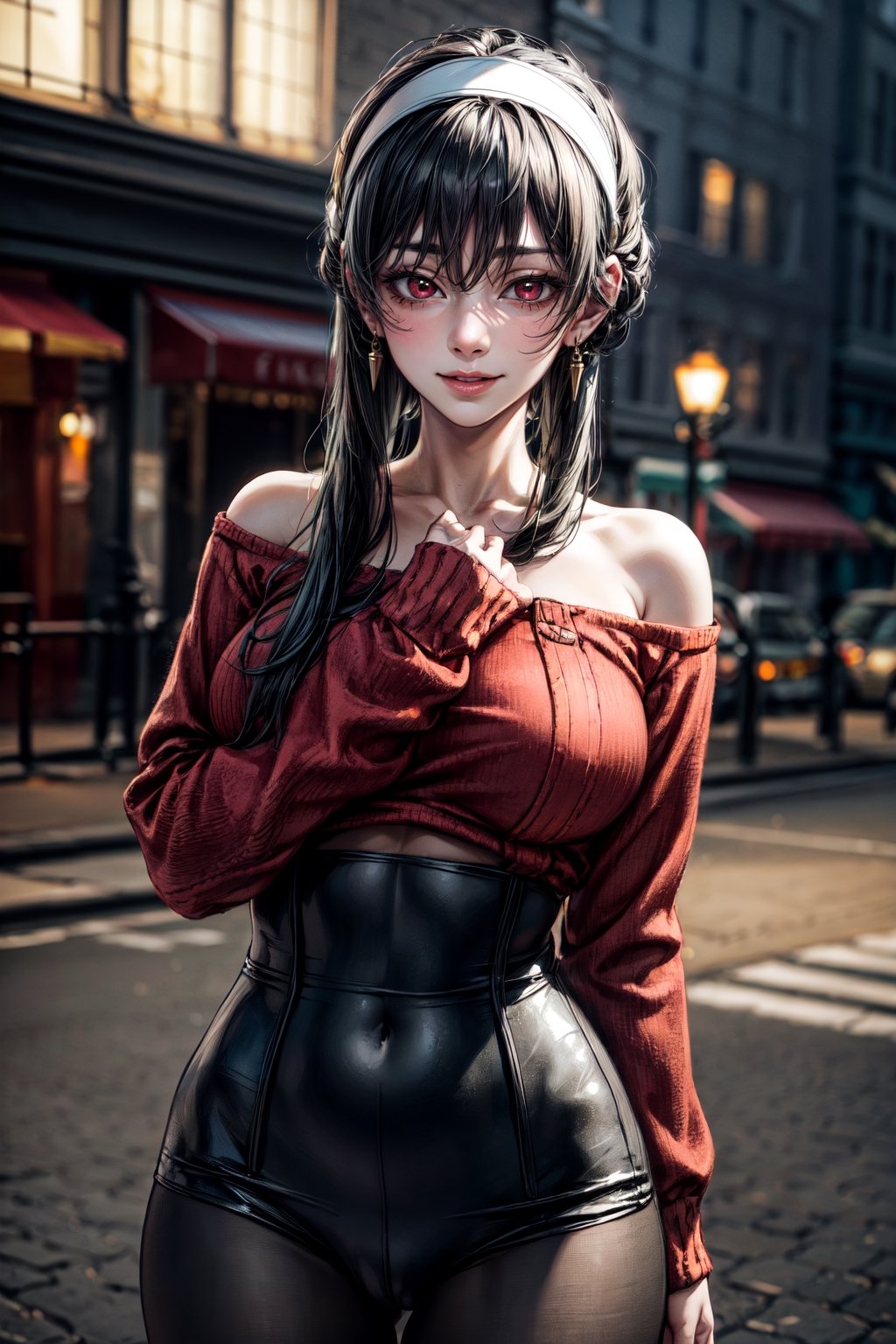 (best quality:1.4),  (detailed:1.3),  (RAW photo:1.2),  (realistic:1.3),  highres,  intricate, 8K wallpaper, cinematic lighting, woman, large breasts,((round breasts:1.3)), accentuated breasts, narrow hips, white hairband, red eyes, gold earrings, jewelry, off shoulder, (red sweater, sweater dress:1.1), long sleeves, black pantyhose, outdoors, smiling,bbyorf, short hair with long locks