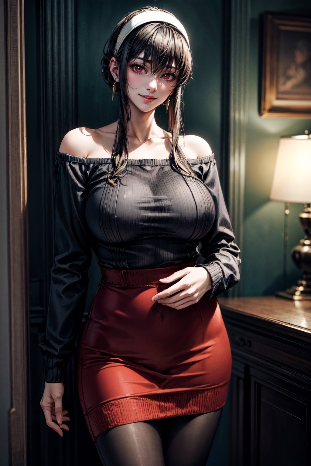 (best quality:1.4),  (detailed:1.3),  (RAW photo:1.2),  (realistic:1.3),  highres,  intricate, 8K wallpaper, cinematic lighting, woman, large breasts,((round breasts:1.3)), accentuated breasts, narrow hips, white hairband, red eyes, gold earrings, jewelry, off shoulder, red sweater, sweater dress, long sleeves, black pantyhose,in the house, smiling,bbyorf, short hair with long locks