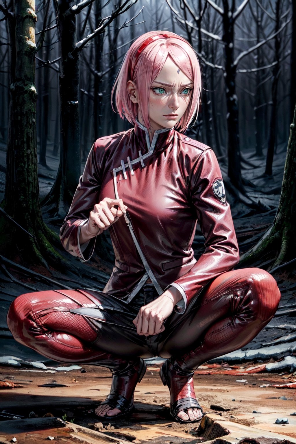 (best quality:1.4),  (detailed:1.3),  (RAW photo:1.2),  (realistic:1.3),  highres,  intricate, 8K quality , cinematic lighting, light skin, woman, forehead mark, red hairband, military clothing,kunai dark forest, squatting, spread legs, hand fists, serious face,haruno sakura, side view 