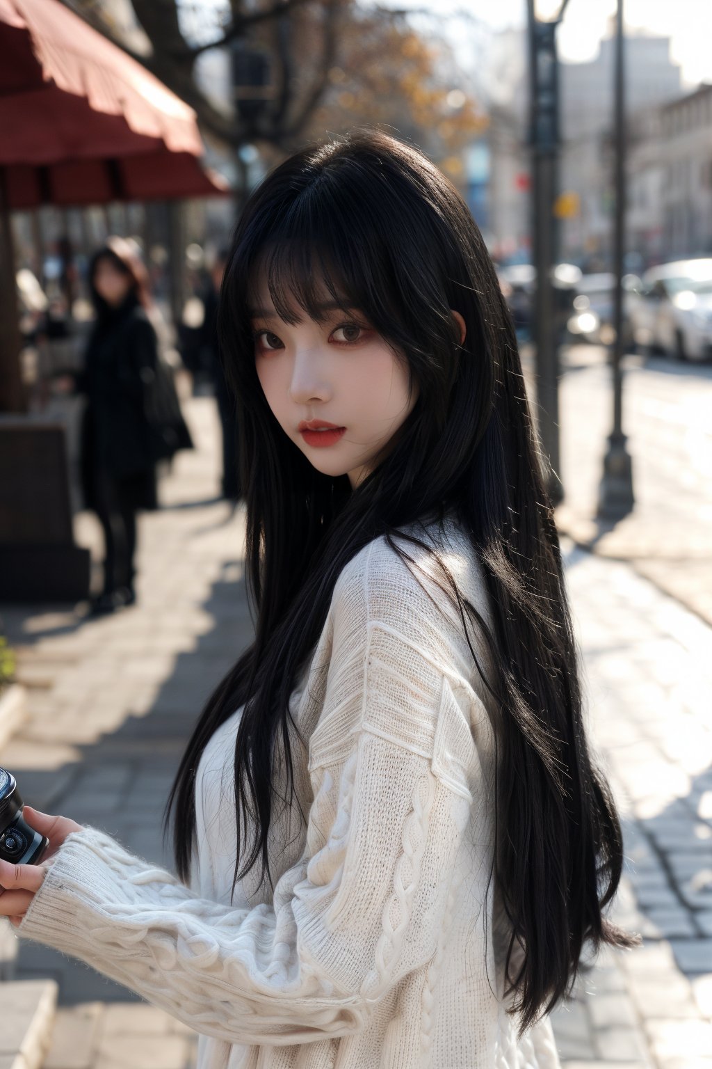 1girl, solo, looking at viewer, bangs, black hair, long sleeves, holding, upper body, outdoors, parted lips, open clothes, day, medium hair, blurry, black eyes, sweater, lips, coat, blurry background, turtleneck, turtleneck sweater, realistic, fence, camera, photo background, holding camera