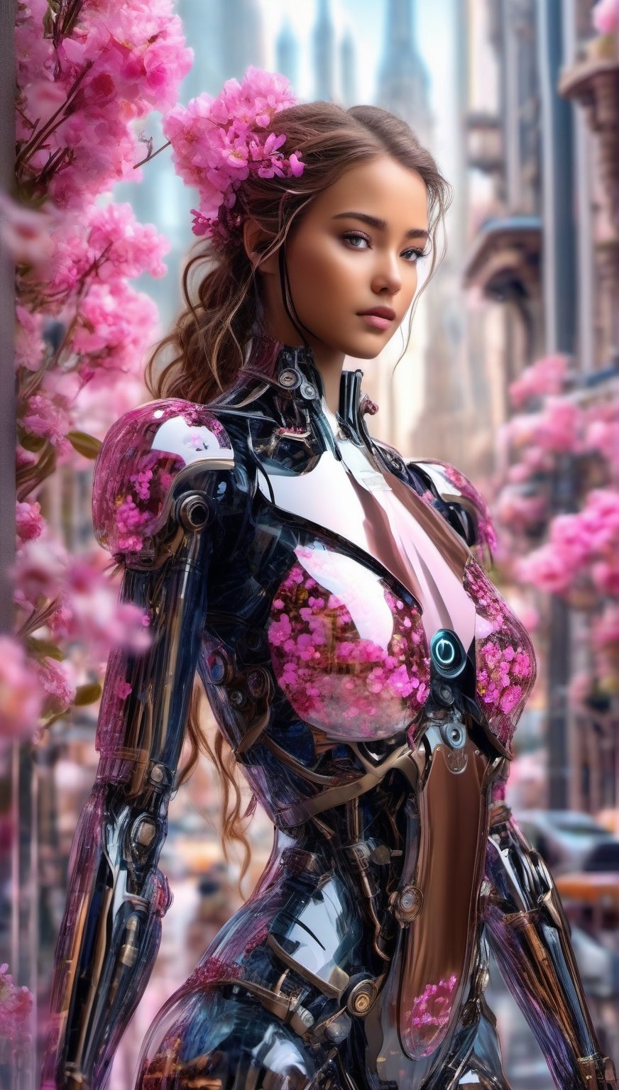 Imagine a beautiful cyborg with a translucent glowing glass body with pink flowers and clockwork completely visible through her translucent glass body walking through a futuristic city, flowy hair,  fantasy, work of beauty and complexity, 8k UHD, hyperdetailed ultrarealistic face, hazel eyes ,cyborg style,  glowing translucent glass, amber glow,steampunk style, glass body, 80mm digital photo , wide_hips,  translucent seethrough glass like body,Leonardo Style,FilmGirl, pov, looking_at_viewer