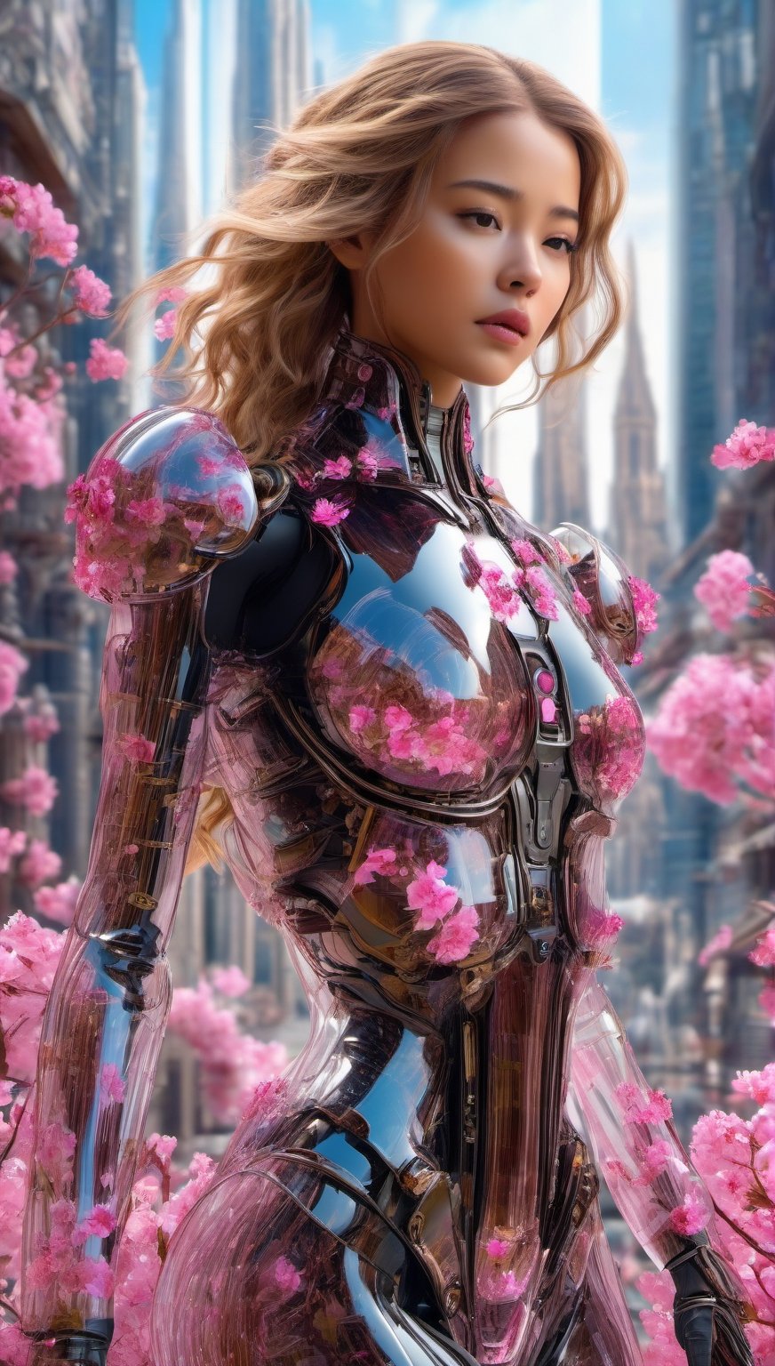 Imagine a beautiful cyborg with a translucent glowing glass body with pink flowers and clockwork completely visible through her translucent glass body walking through a futuristic city, flowy hair,  fantasy, work of beauty and complexity, 8k UHD, hyperdetailed ultrarealistic face, hazel eyes ,cyborg style,  glowing translucent glass, amber glow,steampunk style, glass body, 80mm digital photo , wide_hips,  translucent seethrough glass like body,Leonardo Style,FilmGirl, pov, looking_at_viewer