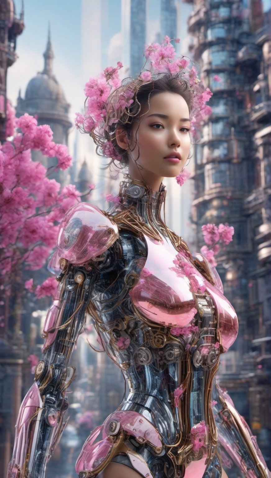 Imagine a beautiful cyborg with a translucent glowing glass body with pink flowers and clockwork completely visible through her translucent glass body walking through a futuristic city, flowy hair,  fantasy, work of beauty and complexity, 8k UHD, hyperdetailed ultrarealistic face, hazel eyes ,cyborg style,  glowing translucent glass, amber glow,steampunk style, glass body, 80mm digital photo , wide_hips,  translucent seethrough glass like body,Leonardo Style,FilmGirl, pov, looking_at_viewer