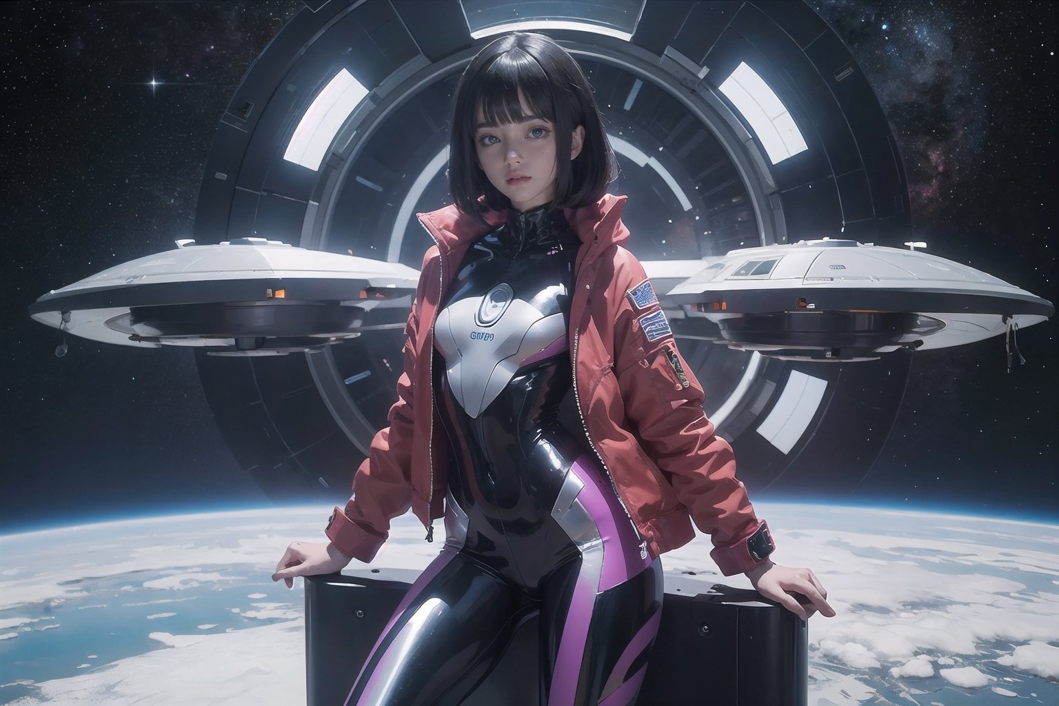1 girl, fiery red jacket, tight suit,Space helm of the 1960s,and the anime series G Force of the 1980s,Ghost In The Shell style, Darf Punk wlop glossy skin, ultrarealistic sweet girl, space helm 60s, holographic, holographic texture, the style of wlop, space, stands on a pedestal,( with spaceships in the background),More Detail