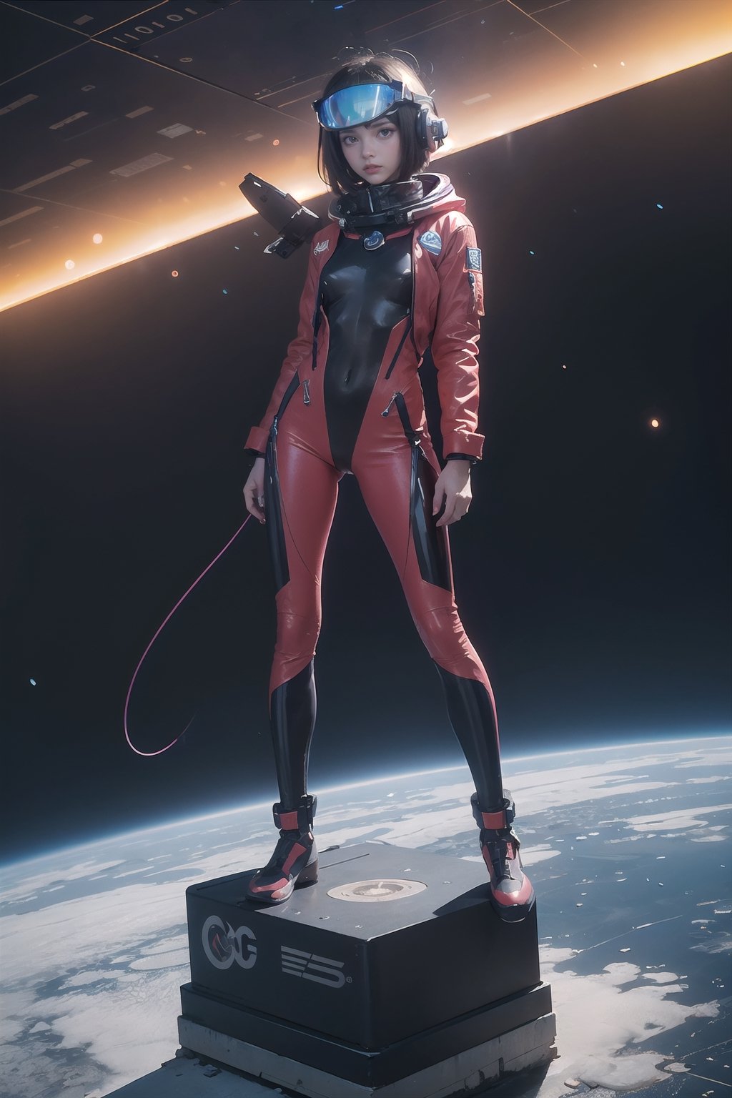 1 girl, fiery red jacket, tight suit,Space helm of the 1960s,and the anime series G Force of the 1980s,Ghost In The Shell style, Darf Punk wlop glossy skin, ultrarealistic sweet girl, space helm 60s, holographic, holographic texture, the style of wlop, space, stands on a pedestal,( with spaceships in the background)