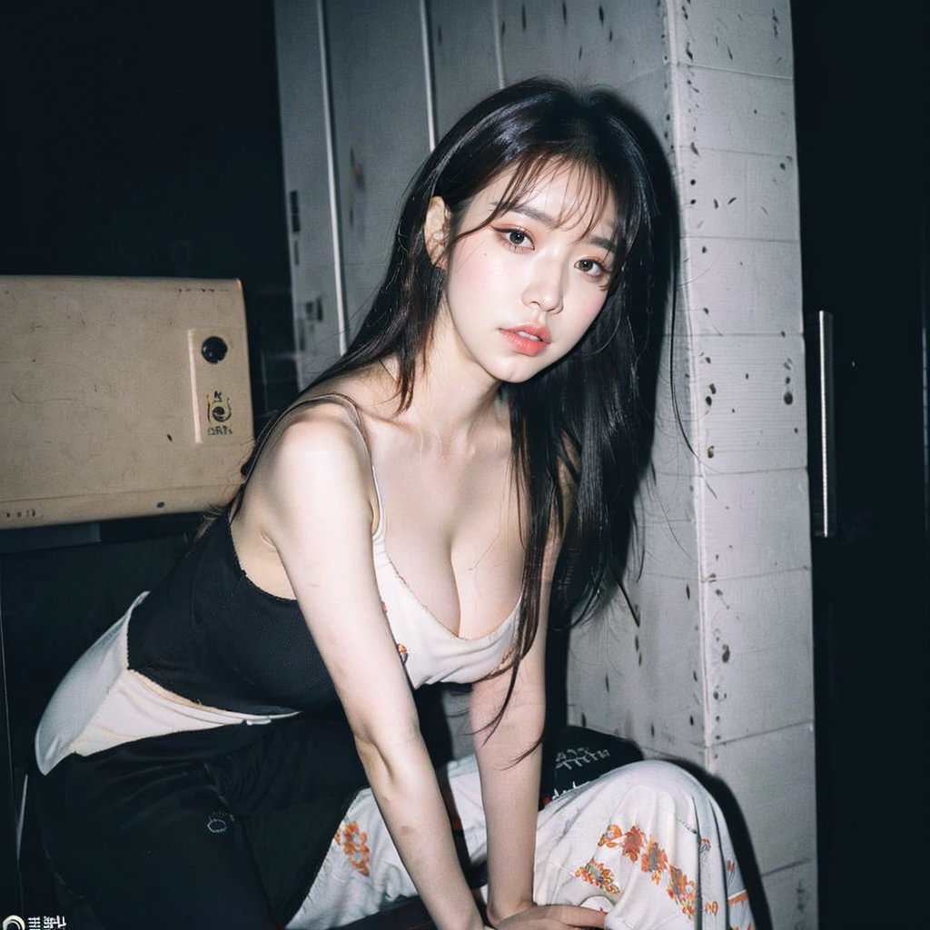 1girl,  slender pale white Korean girl K-pop idol, long hair,  instagram model,  50mm, flash photography,  real life, cute face, large breasts, (naked) ,iu