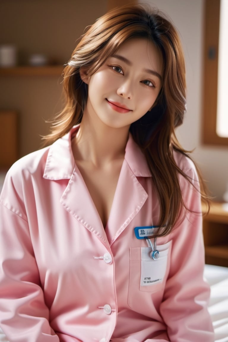 (masterpiece, Best Quality, photorealistic, ultra-detailed, finely detail, high resolution, 8K wallpaper), a close-up portrait of 1 beautiful woman, lying on the bed, just got up in the morning, japanese, smiling happily, light-brown messy long hair, untidy hair, in pink pajamas, sharp-focus, large-sized breasts, unbuttoned, perfect dynamic composition, beautiful detailed eyes, detailed hair, detailed realistic skin texture, in bedroom, morning sunlight,xxmix_girl,LinkGirl,FilmGirl,korean girl,doctor,labcoat,facing the audience