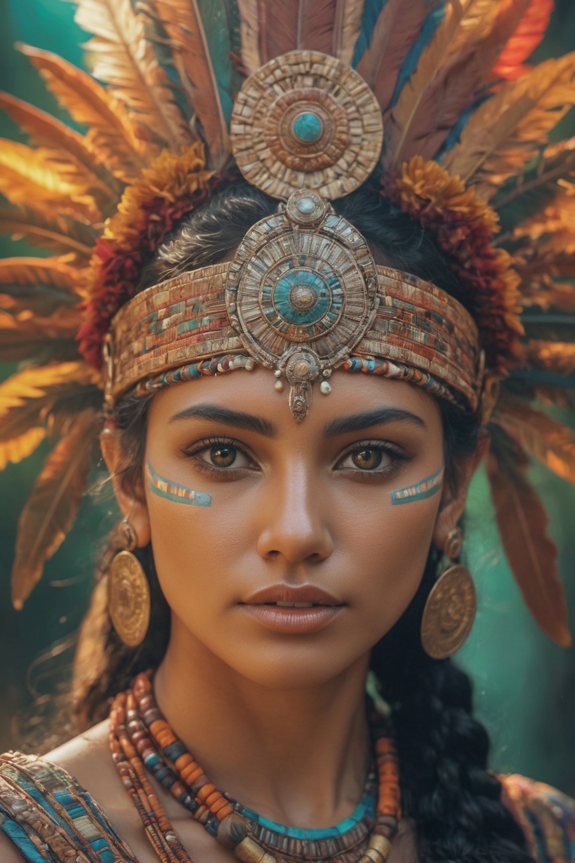 a mid-body shot of a Mayan priestess, with hazel eyes, a Mayan warrior goddess, a Mayan princess portrait, a Mayan sun goddess, wearing a Mayan dress, dynamic pose, psychedelic colour background, colourful digital fantasy art, soft film grading, cinematic, 8k highly detailed digital art, beautiful digital artwork, photo real, depth of filed, (high detailed skin:1.2), realistic eyes, 8k UHD,  DSLR,  soft lighting,  high quality,aesthetic portrait