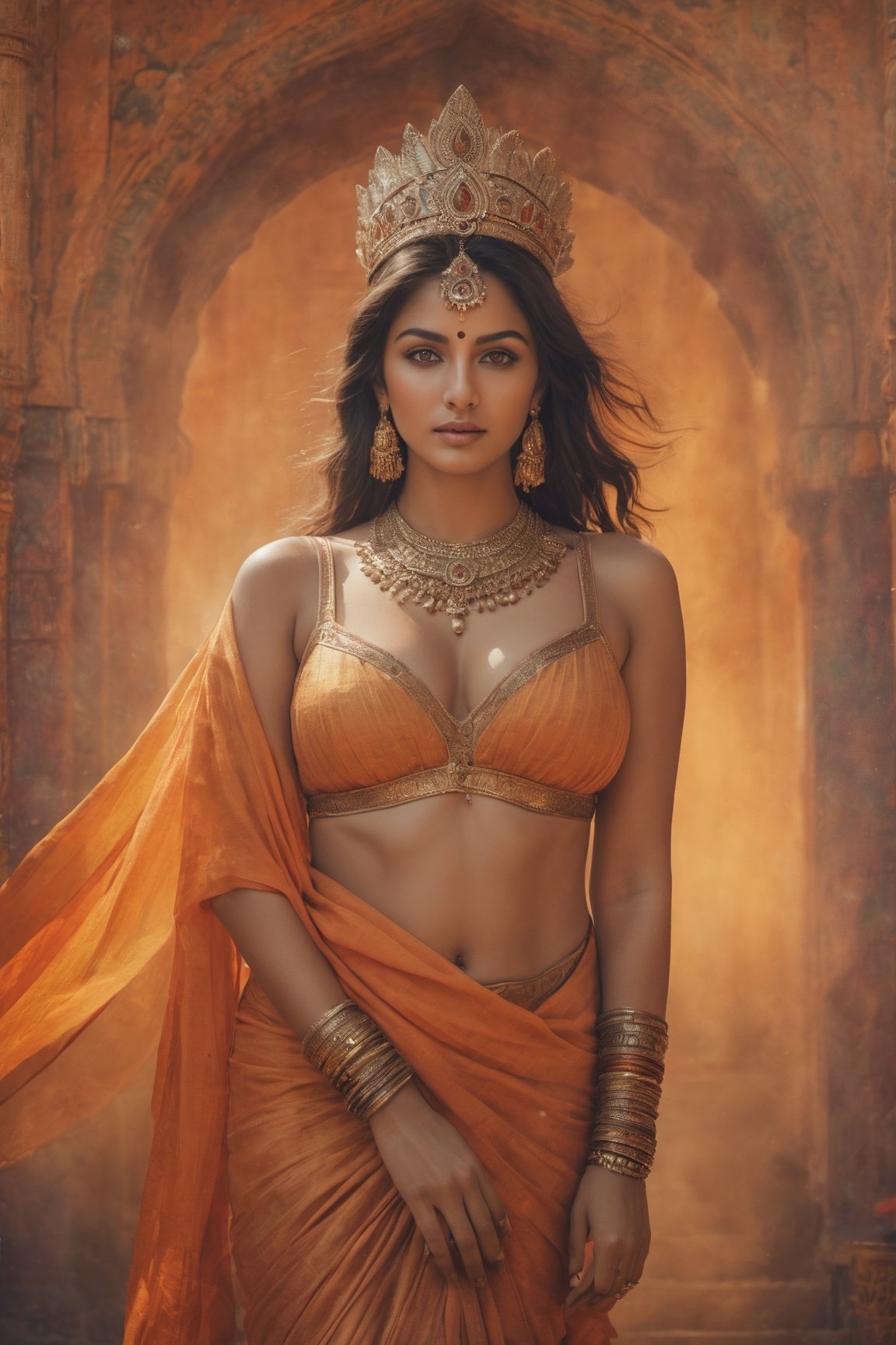 a mid-body shot of a fair indian priestess, shot upto waist, with amber eyes, a warrior goddess, a princess portrait, a goddess, showing huge cleavage, boobs, belly button, wearing an orange saree, dynamic pose, psychedelic colour background, colourful digital fantasy art, soft film grading, cinematic, 8k highly detailed digital art, beautiful digital artwork, photo real, depth of filed, (high detailed skin:1.2), realistic eyes, 8k UHD,  DSLR,  soft lighting,  high quality,aesthetic portrait, front facing , blur background 