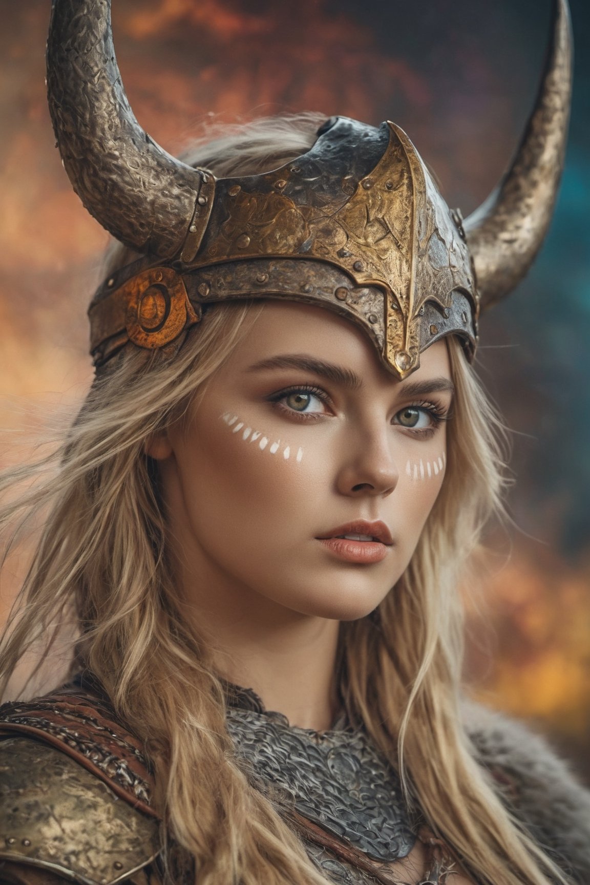 a mid-body shot of a fair Viking girl, shot upto waist, showing deep cleavage, boobs, showing navel, with amber eyes, golden locks, a Viking warrior goddess, a Viking princess portrait, a Viking goddess, war paint, Viking helmet, wearing armour, dynamic pose, psychedelic colour background, colourful digital fantasy art, soft film grading, cinematic, 8k highly detailed digital art, beautiful digital artwork, photo real, depth of filed, (high detailed skin:1.2), realistic eyes, 8k UHD,  DSLR,  soft lighting,  high quality,aesthetic portrait, blur background 