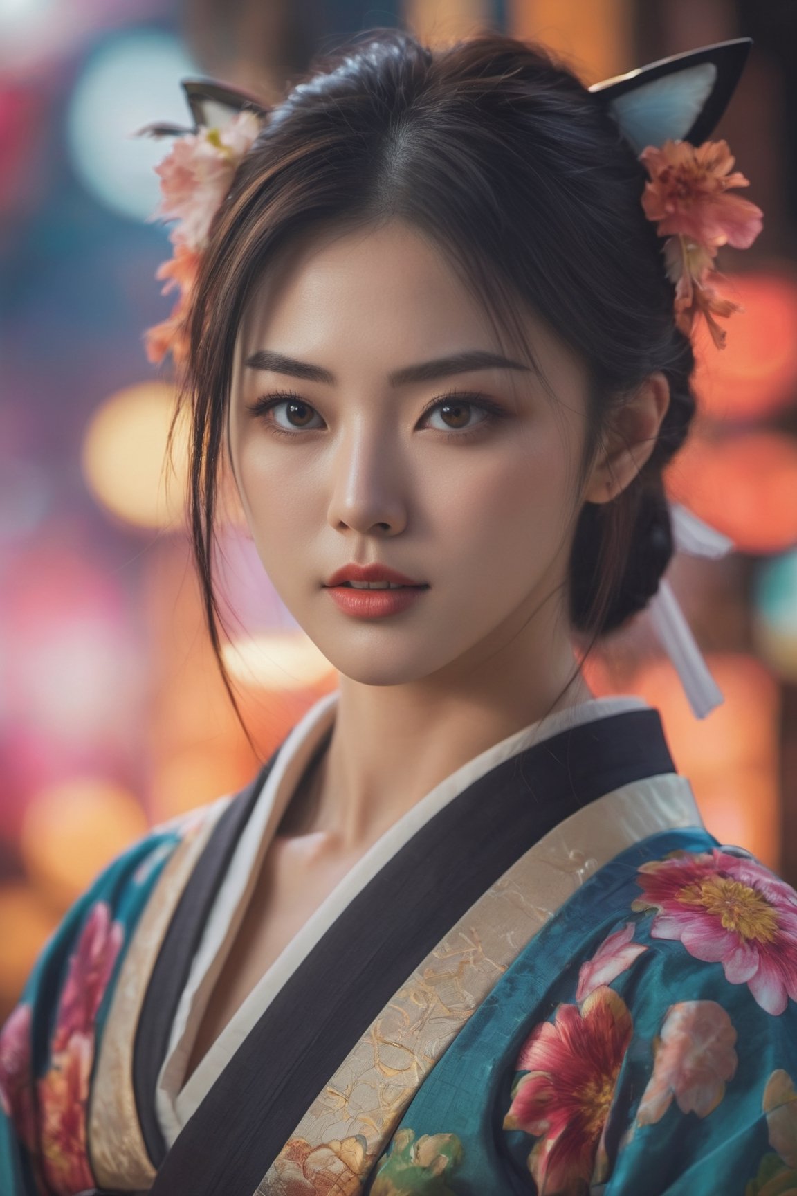 a mid-body shot of a fair Japanese girl, shot upto waist, with obsidian eyes, a warrior goddess, a geisha portrait, a goddess, showing huge cleavage, boobs, wearing a kimono, dynamic pose, psychedelic colour background, colourful digital fantasy art, soft film grading, cinematic, 8k highly detailed digital art, beautiful digital artwork, photo real, depth of filed, (high detailed skin:1.2), realistic eyes, 8k UHD,  DSLR,  soft lighting,  high quality,aesthetic portrait, front facing , blur background 