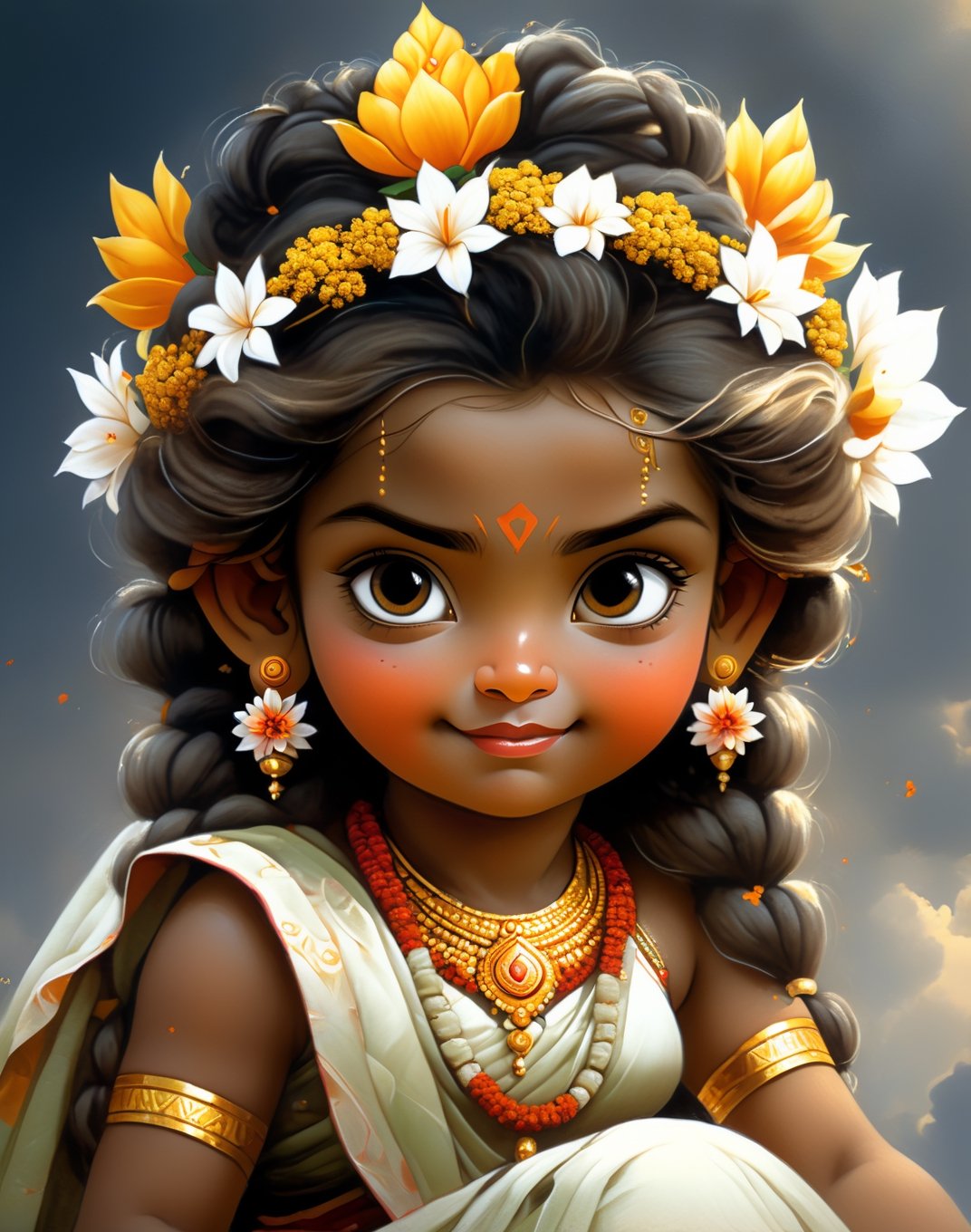 Ultra details, masterpiece, 32k, happy very beautifull cute adorable little teen happy girl Durga maa flower head goddess wearing traditional hindu sarees sitting sitting sitting on giant traditional lotus, flower cgsocaity 21,anime style , 8k resolution photorealistic masterpiece, intricately detailed fluid gouache painting, by Jean Baptiste Monge, acrylic: colorful watercolor art, cinematic lighting, maximalist photoillustration, 8k resolution concept art intricately detailed, complex, elegant, expansive, fantastical, psychedelic realism, warrior cute goddess flower crown, with a trident, in epic sky, can't believe how beautiful she is, tiny Golden shinning, perfect hand. 5 fingers, beautiful kind eyes, varieties poses. Different different poses, fully goddess Vibe, vibrant cenematic super super realistic ,Gopn1k, flying,sky sky moon weapon hand, wearing saree, beautiful saree , charming happy face, noble works, art in artstation, very cute adorable child sitting on giant ox,ANIME_MaMiSun_ownwaifu,Leonardo Style, illustration, 2 legs,vector art,more detail XL