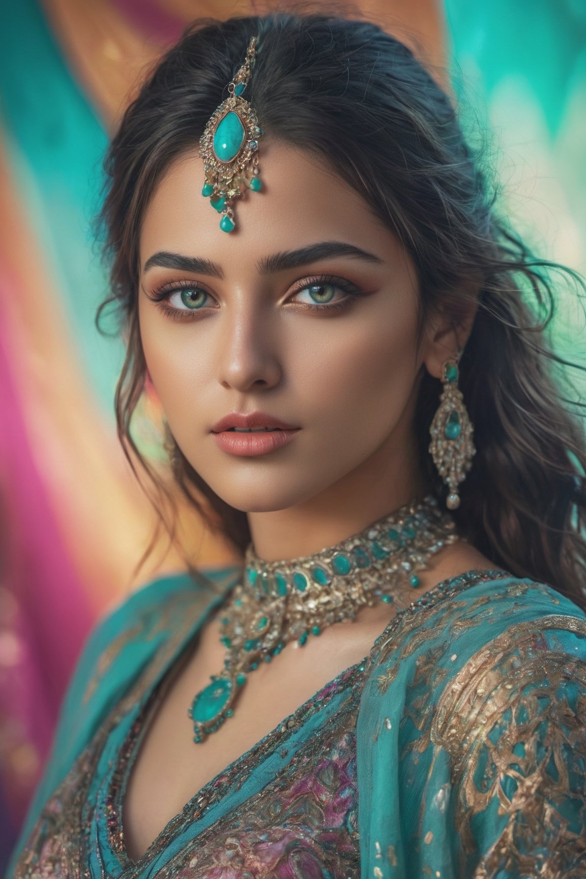 a mid-body shot of a fair middle Eastern girl, shot upto waist, with turquoise eyes, a warrior goddess, a muslim princess portrait, make-up, wearing a transparent outfit, dynamic pose, psychedelic colour background, colourful digital fantasy art, soft film grading, cinematic, 8k highly detailed digital art, beautiful digital artwork, photo real, depth of filed, (high detailed skin:1.2), realistic eyes, 8k UHD,  DSLR,  soft lighting,  high quality,aesthetic portrait, blur background 